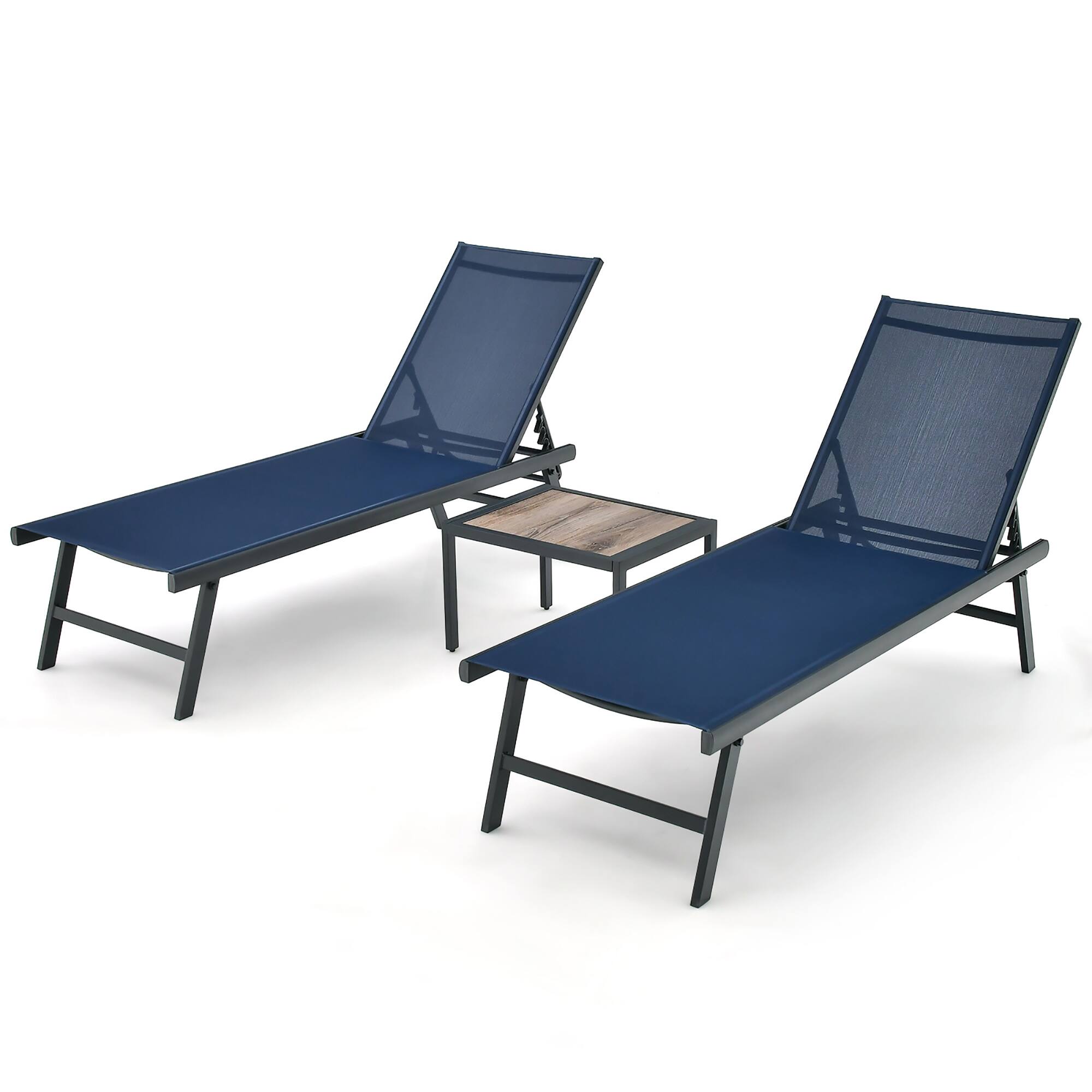 Alt View 1. Gymax - Gymax 3pcs Patio Chaise Lounge Set Aluminum Recliner Chair Table Outdoor Adjust Navy - Navy.
