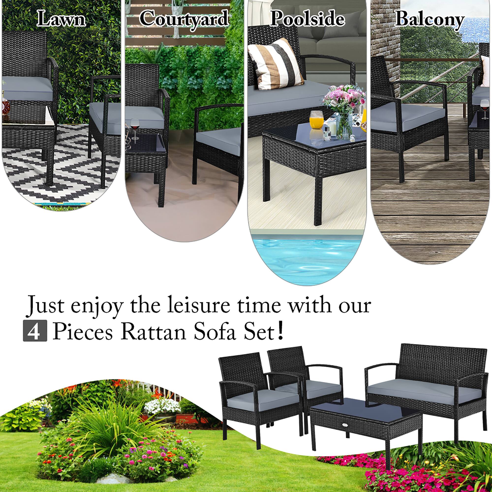 Lawn, Courtyard, Poolside, Balcony, Just enjoy the leisure time with our 4 Pieces Rattan Sofa Set!