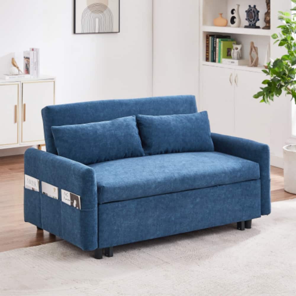 LUCKY ONE - 55.1" Pull-Out Sleep Sofa Bed Loveseat w/ Adjustable Backrest USB Ports 2 Pillows - Blue