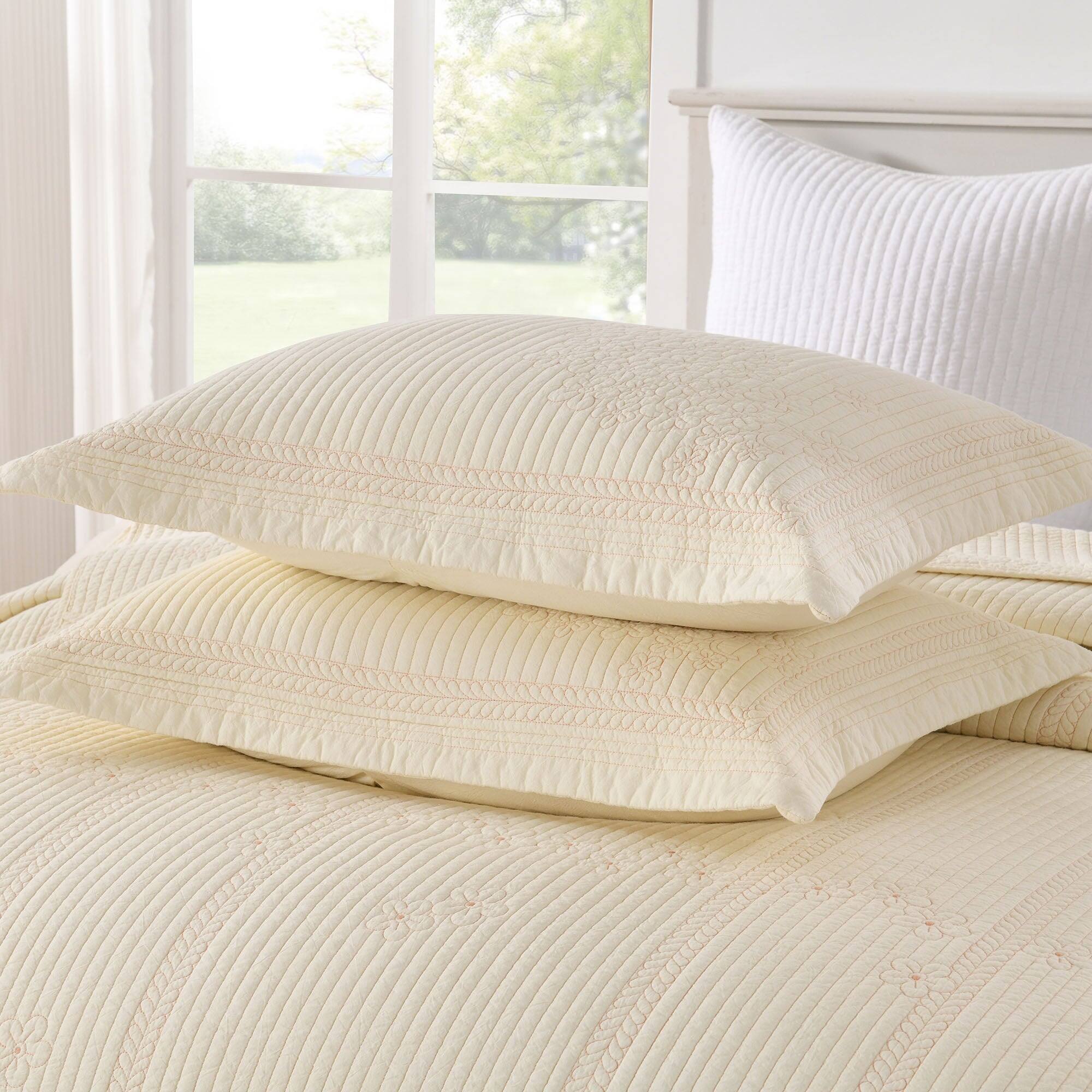 Left. MarCielo - Marcielo 3 Pcs 100% Cotton Embroidered Bedspread Set with Floral Stitching with Scalloped Edge - Beige.