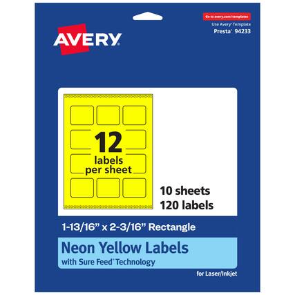 Go to avery.com/templates
AVERY
Use Avery Template Presta* 94233
12 labels per sheet
10 sheets
120 labels
1-13/16" x 2-3/16" Rectangle
Neon Yellow Labels with Sure Feed Technology for Laser/Inkjet