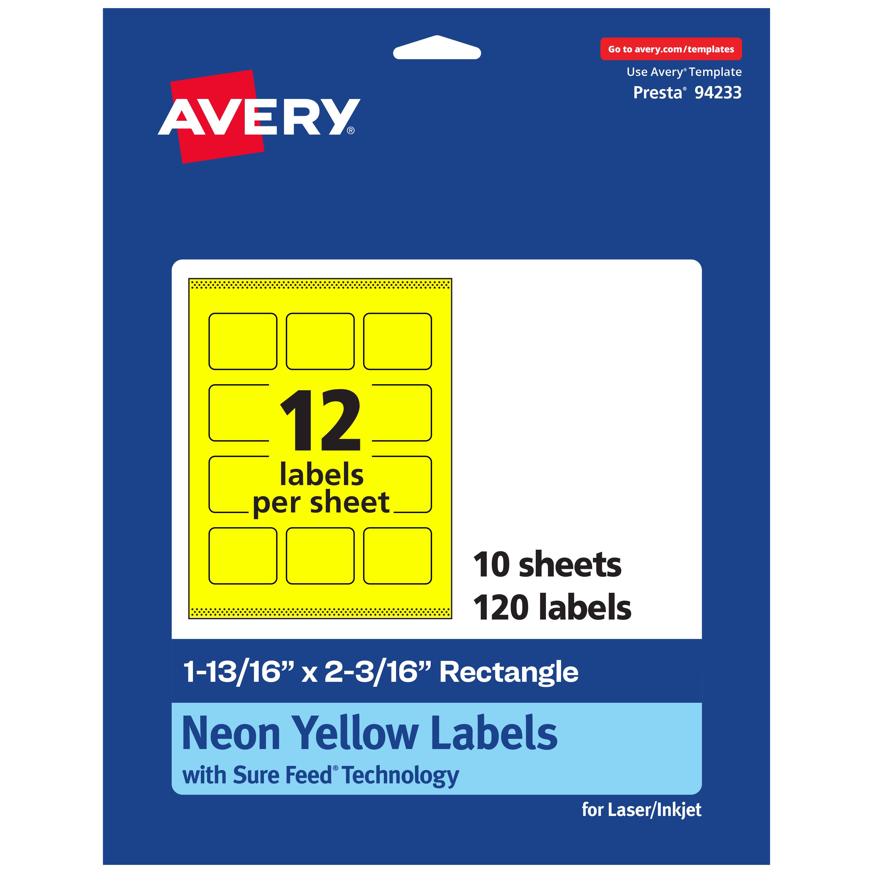 Go to avery.com/templates  
AVERY  
Use Avery Template Presta* 94233  
12 labels per sheet  
10 sheets  
120 labels  
1-13/16" x 2-3/16" Rectangle  
Neon Yellow Labels with Sure Feed Technology for Laser/Inkjet