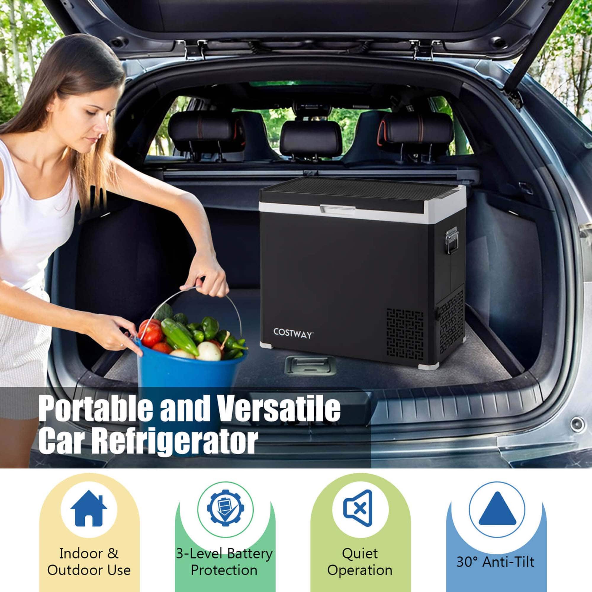 COSTWAY Portable and Versatile Car Refrigerator x Indoor & Outdoor Use 3-Level Battery Protection Quiet Operation 30 Anti-Tilt