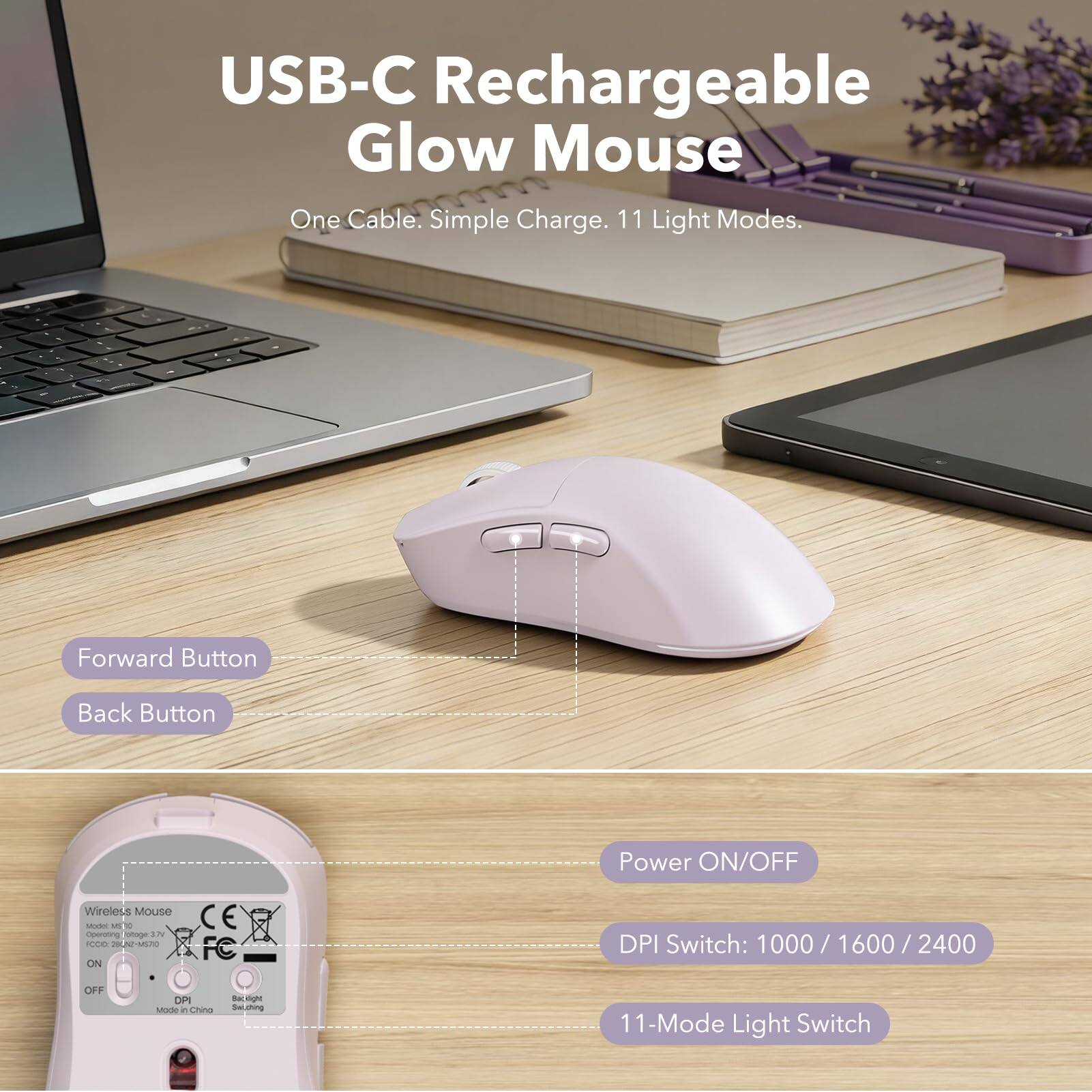 USB-C Rechargeable Glow Mouse  
One Cable. Simple Charge. 11 Light Modes.

1. Forward Button
2. Back Button
3. Power ON/OFF
4. DPI Switch: 1000/1600/2400
5. 11-Mode Light Switch

Wireless Mouse Model MJ 10  
Operating Voltage: 3.7V  
FC: CE  
Made in China