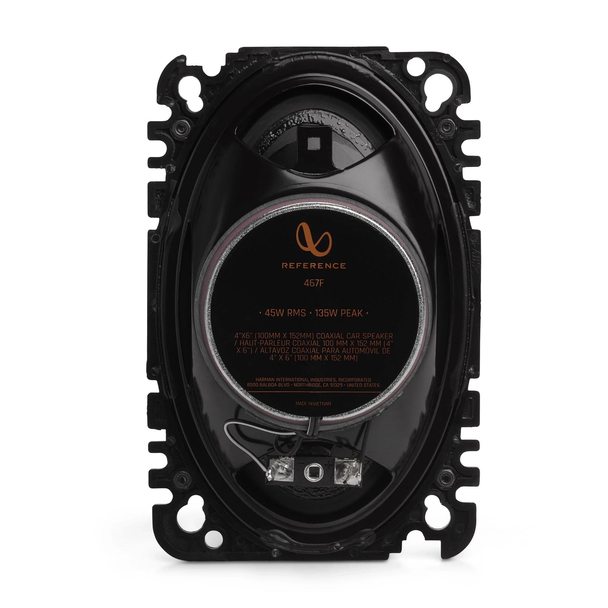 REFERENCE 467F  
45W RMS  
135W PEAK  
4"6 (100MM x 152MM] COAXIAL CAR SPEAKER  
HAUT HAUT-PARLEUR COAXIAL 100 MM x 62 MM  
ALTAVOZ COAXIAL PARA AUTOMOVIL DE 4" x 6" (100 MM X 52 MM)  
AIHAN ICONATEINA INFEPIDES INCOMPORATLO  
a500 BALBDA LVD NORT-RIDOL  
La PULIE UNITED STANES MACE VRINAM