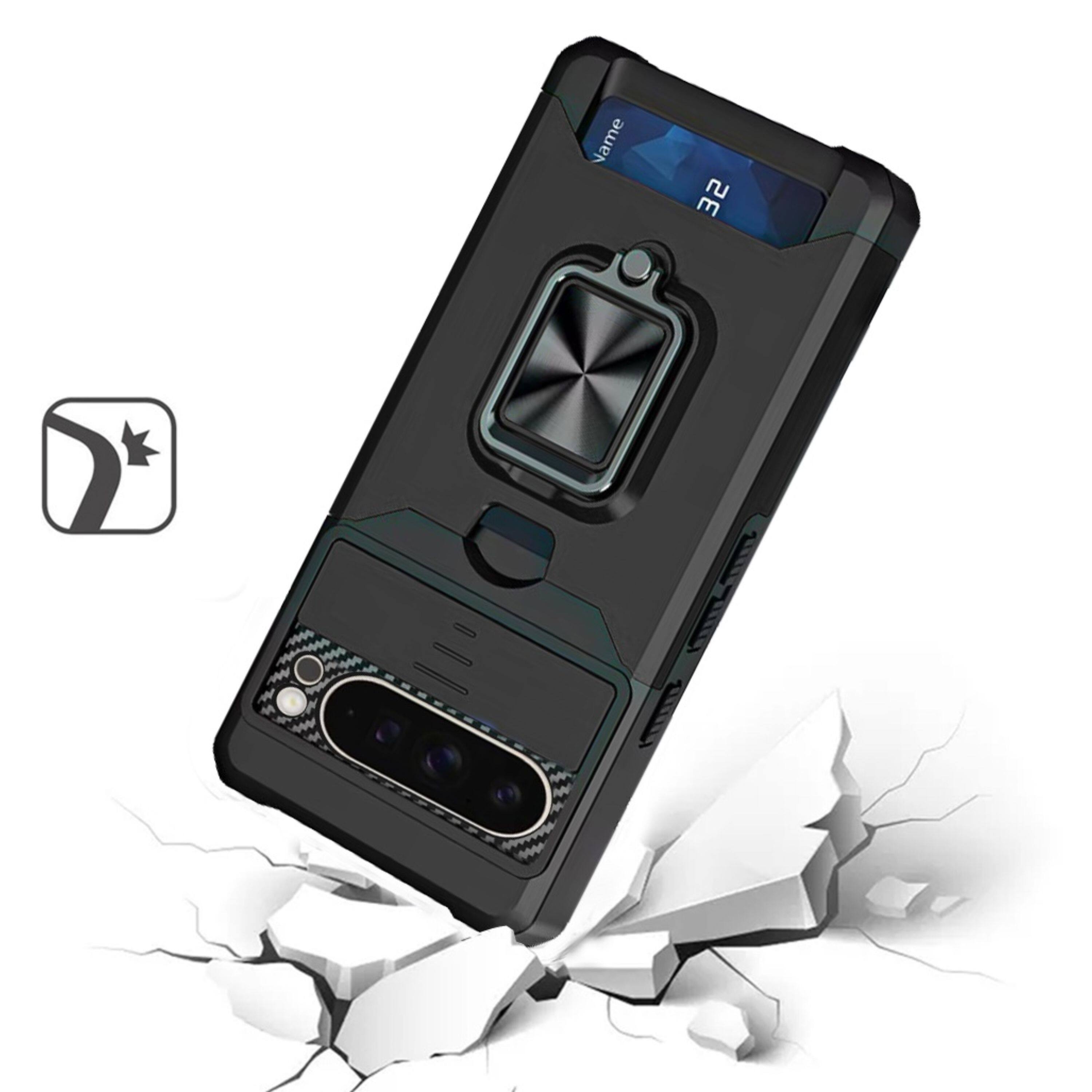 Left. Kitcheniva - Multi-Use Card Holder Lens Cover Phone Case With Tempered Glass For Google Pixel 10/10 Pro Black - Black.