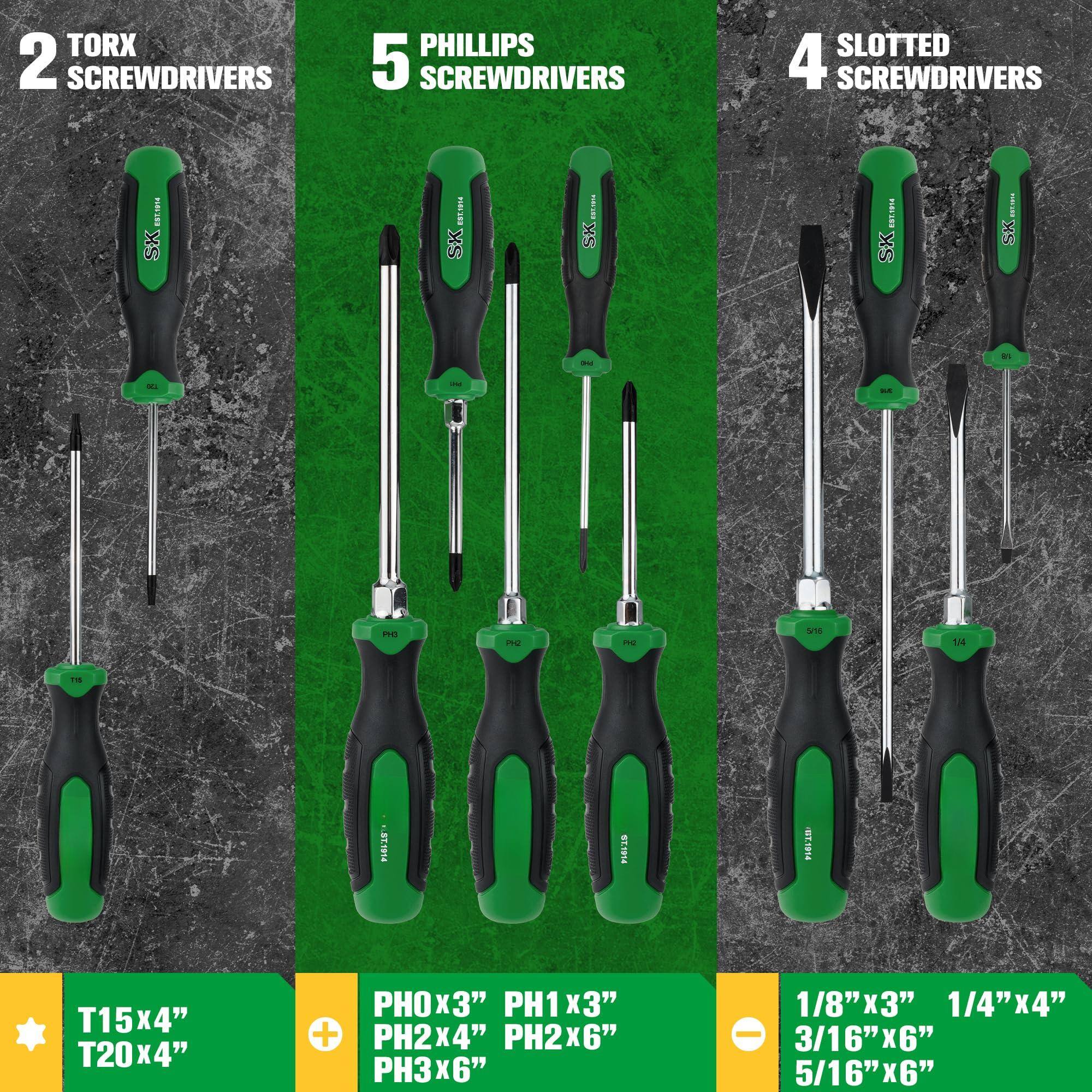 2 TORX SCREWDRIVERS  
5 PHILLIPS SCREWDRIVERS  
4 SLOTTED SCREWDRIVERS  

T15x4" T20x4"  
PH0x3" PH1x3" PH2x4" PH2x6" PH3x6"  
1/8"x3" 1/4"x4" 3/16"x6" 5/16"x6"