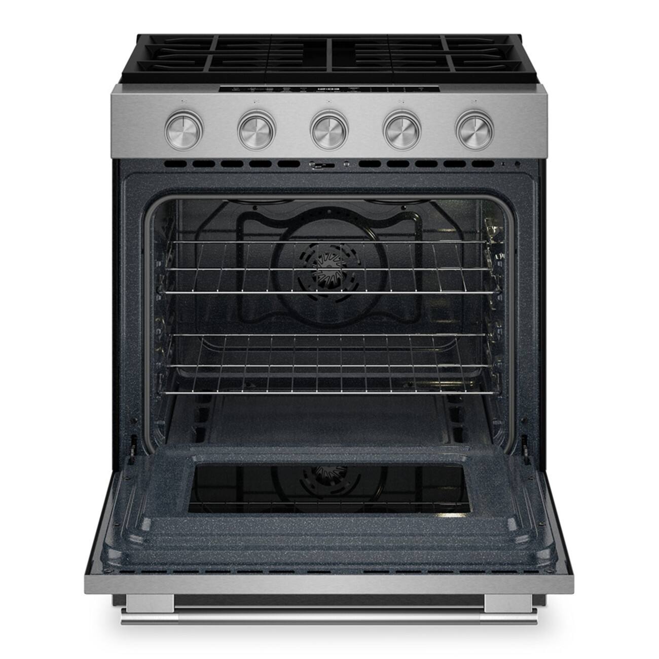 Angle. KitchenAid - 30 in. Wide 5 burners 5.0 cu. ft. Slide-in Gas Range with Convection Cooking Modes - Fingerprint Resistant Stainless Steel.
