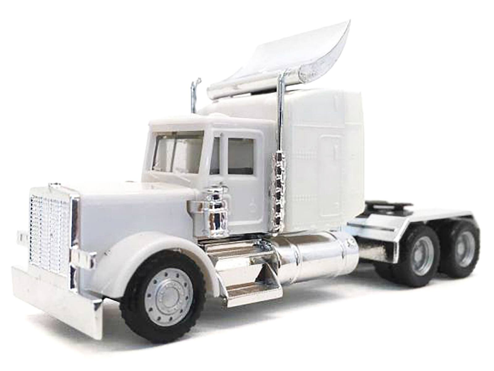 Angle. Promotex - Peterbilt Sleeper Cab with Chrome Chassis White 1/87 (HO) Plastic Model Car by Promotex - Chrome, White.
