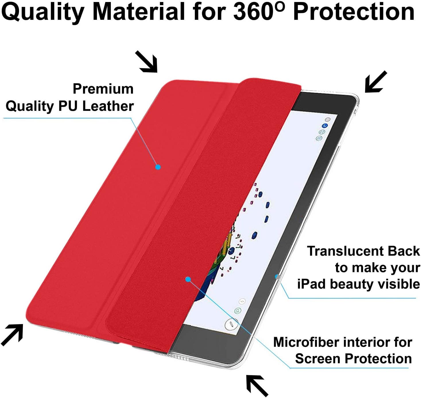 Quality Material for 360° Protection

Premium Quality PU Leather

Translucent Back to make your iPad beauty visible

Microfiber interior for Screen Protection