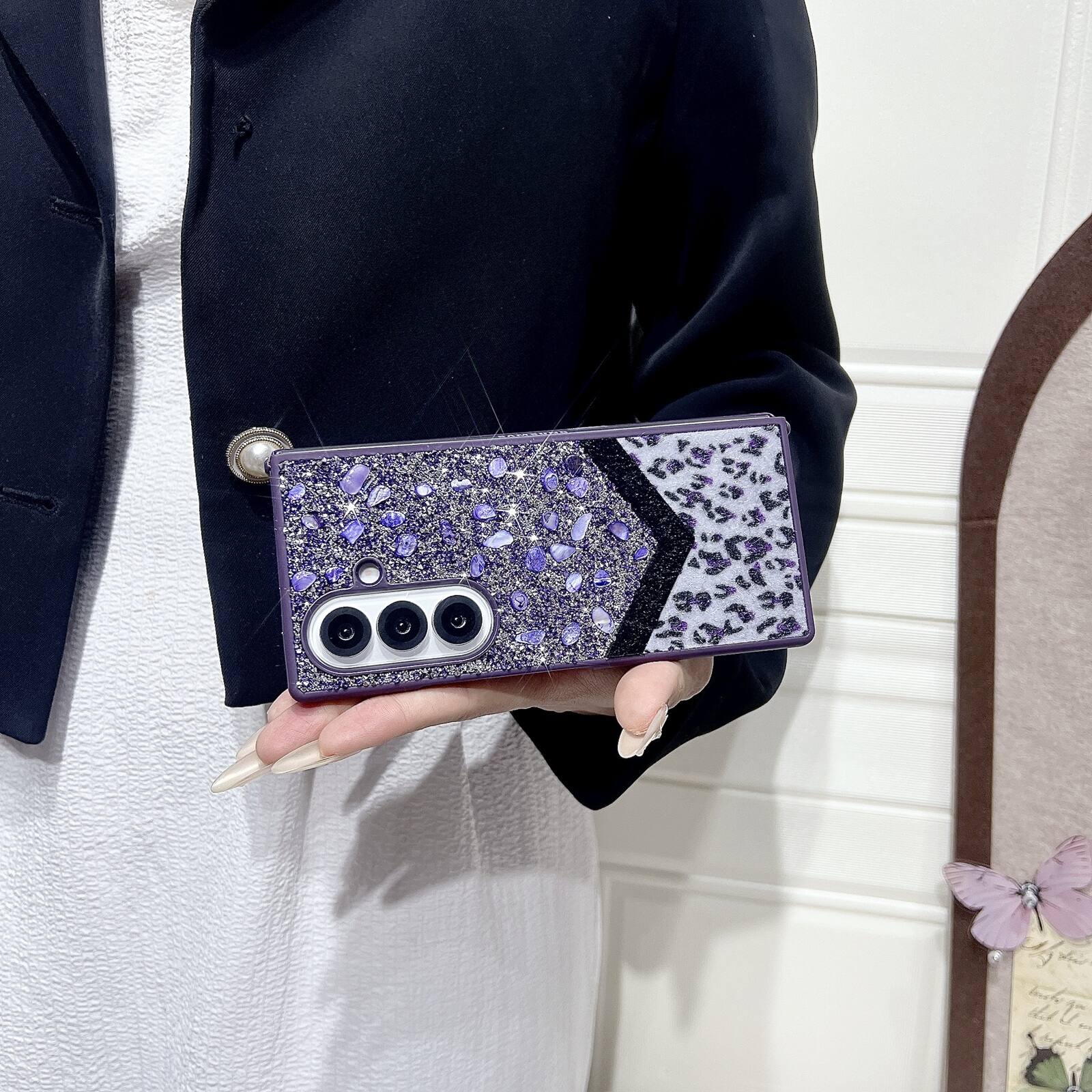 Alt View 1. Dteck - Shockproof Phone Case for Samsung Galaxy Z Fold7 with Beaded Wrist Strap, Glitter Rhinestone Hard PC Protective Cover - Purple.