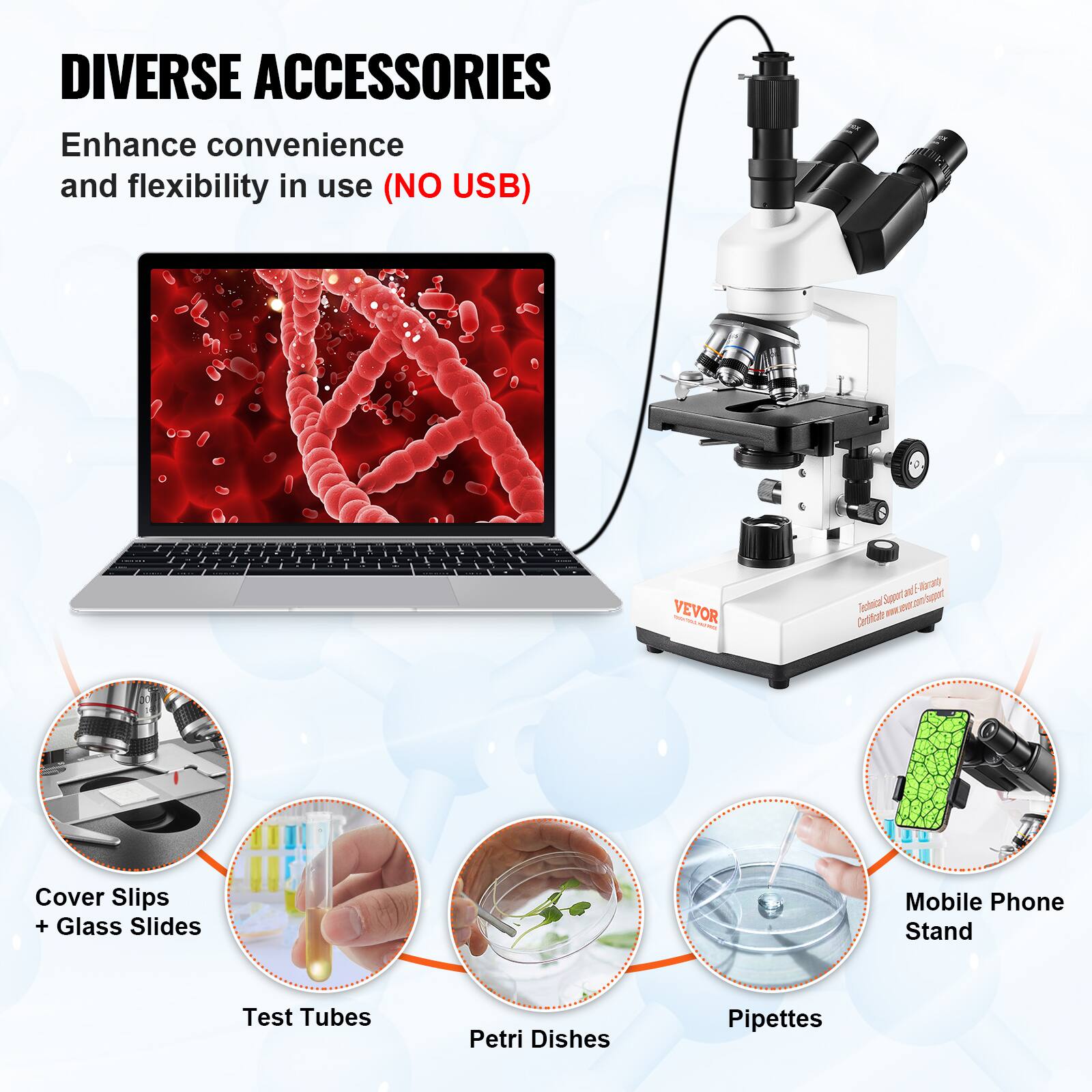 DIVERSE ACCESSORIES Enhance convenience and flexibility in use (NO USB) 1 VEVOR - a Ao Aippet om Saw Tetsial EW uNron Certifict Cover Slips + Glass Slides Mobile Phone Stand Test Tubes Petri Dishes Pipettes