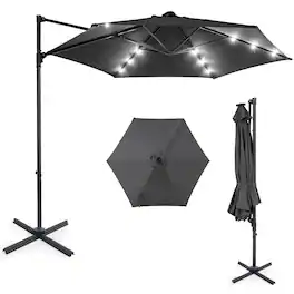 Costway - 10 FT Patio Cantilever Umbrella with Solar LED Lights, 360° Rotation, Air Vent - Gray