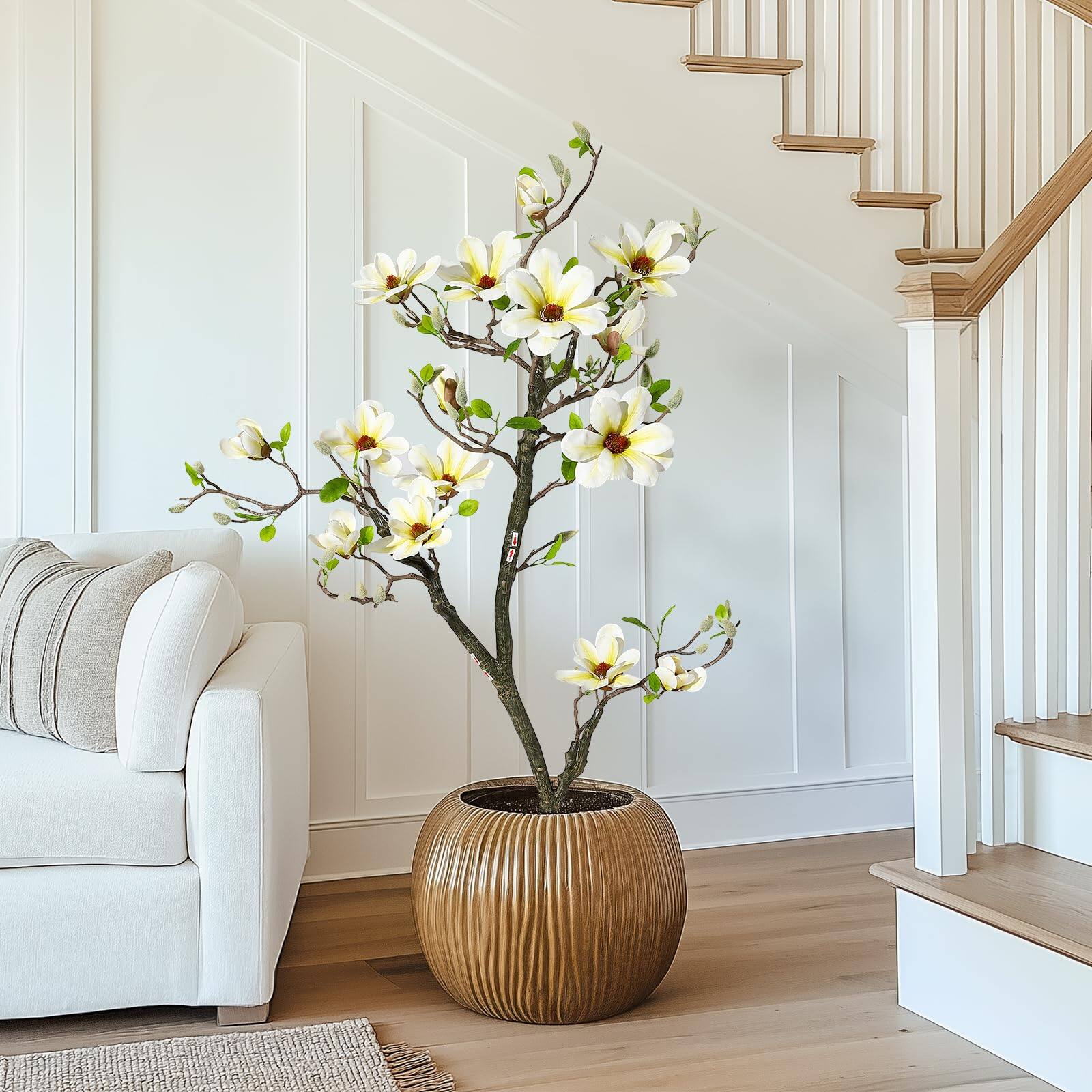 Alt View 1. Homhougo - 4FT Artificial Magnolia Tree with Realistic White Flowers & Lush Green Leaves - Green.