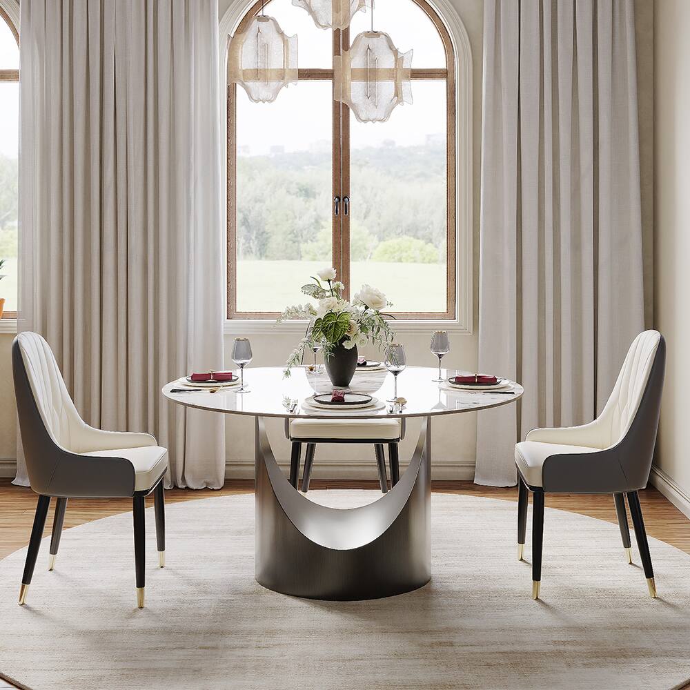 Angle. POVISON - 51" Round Dining Table Pandora Glossy Sintered Stone with Gray U-shaped Steel Base - Pandora with Gray.