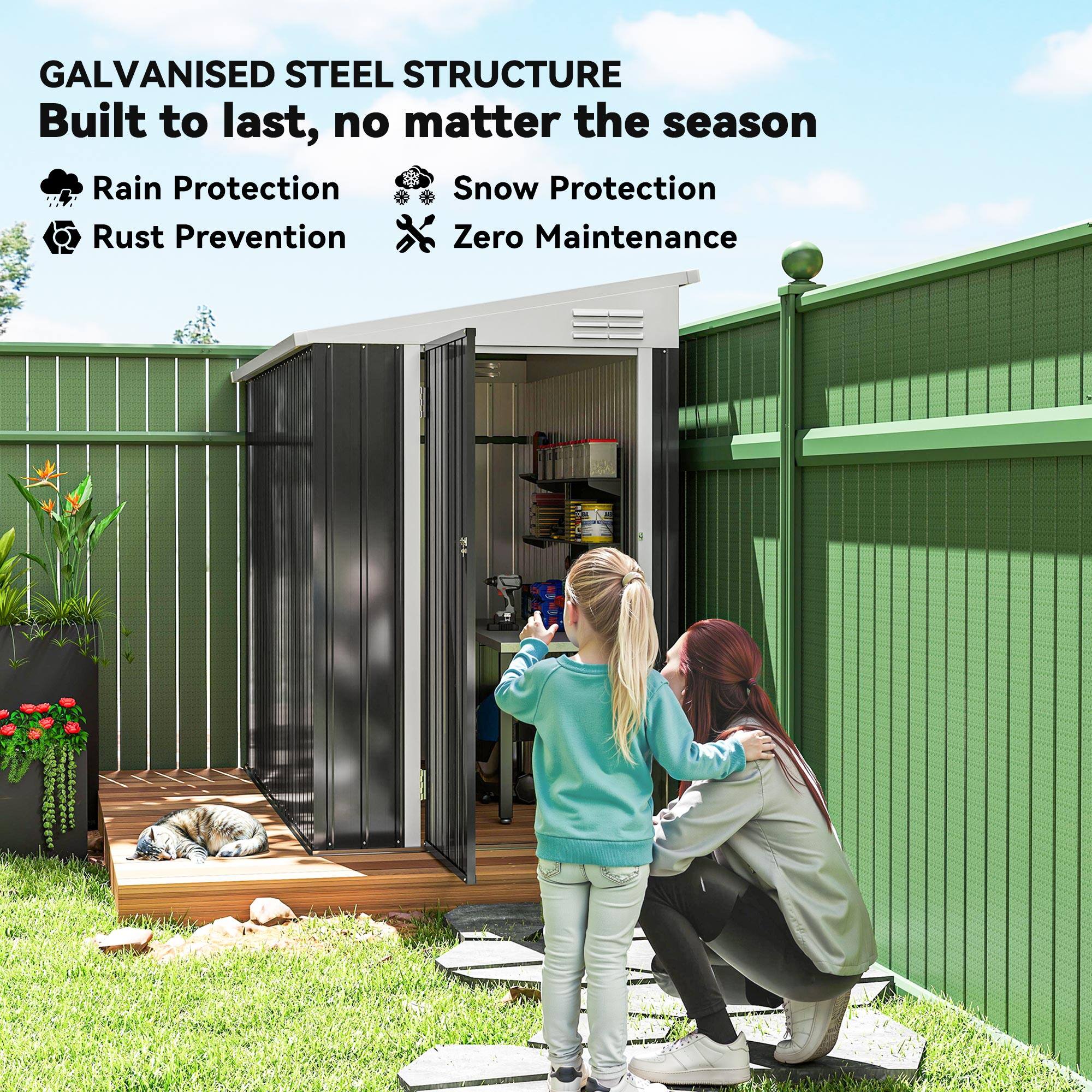 GALVANISED STEEL STRUCTURE  
Built to last, no matter the season  

- Rain Protection  
- Snow Protection  
- Rust Prevention  
- Zero Maintenance