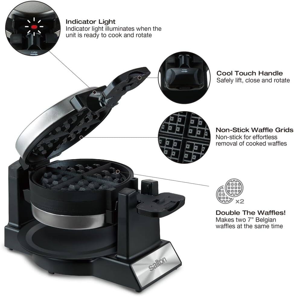 Indicator Light  
Indicator light illuminates when the unit is ready to cook and rotate  

Cool Touch Handle  
Safely lift, close and rotate  

Non-Stick Waffle Grids  
Non-stick for effortless removal of cooked waffles  

Double The Waffles!  
Makes two 7" Belgian waffles at the same time  

Salton