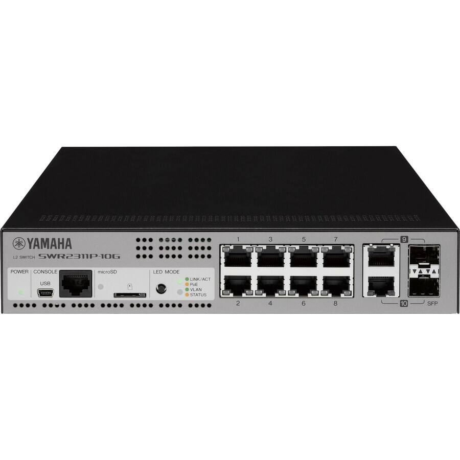 YAMAHA  
L2 SWITCH  
SWR2311P10G  

POWER | CONSOLE | USB | microSD | LED MODE | LINK/ACT | POE | VLAN | STATUS  

1 3 5 7 9  
2 4 6 8 10  

SFP