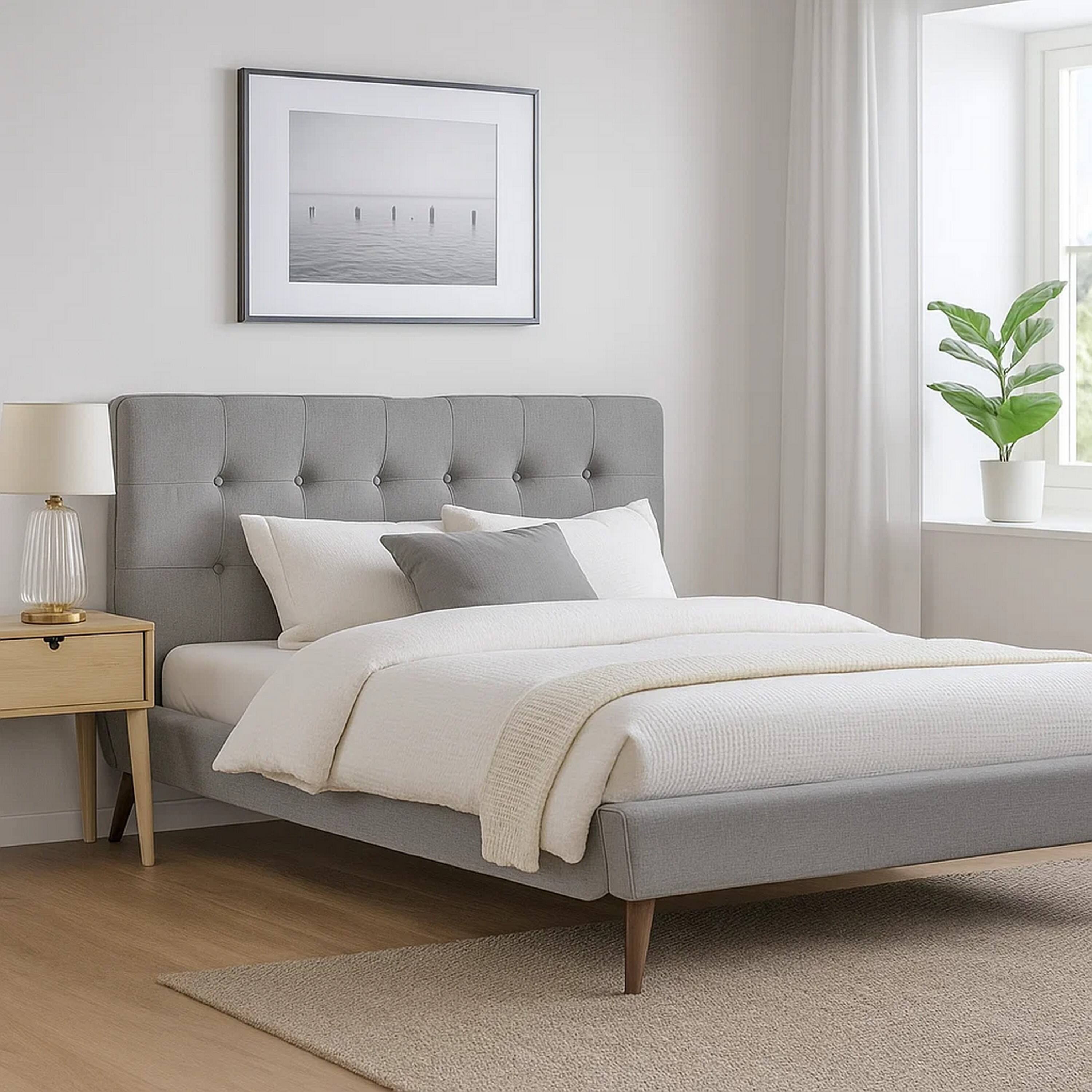 Alt View 3. Manhattan Lane - Levy Full Size Bed, Button Tufted Headboard, Modern Gray Upholstery - Gray, Espresso Brown.