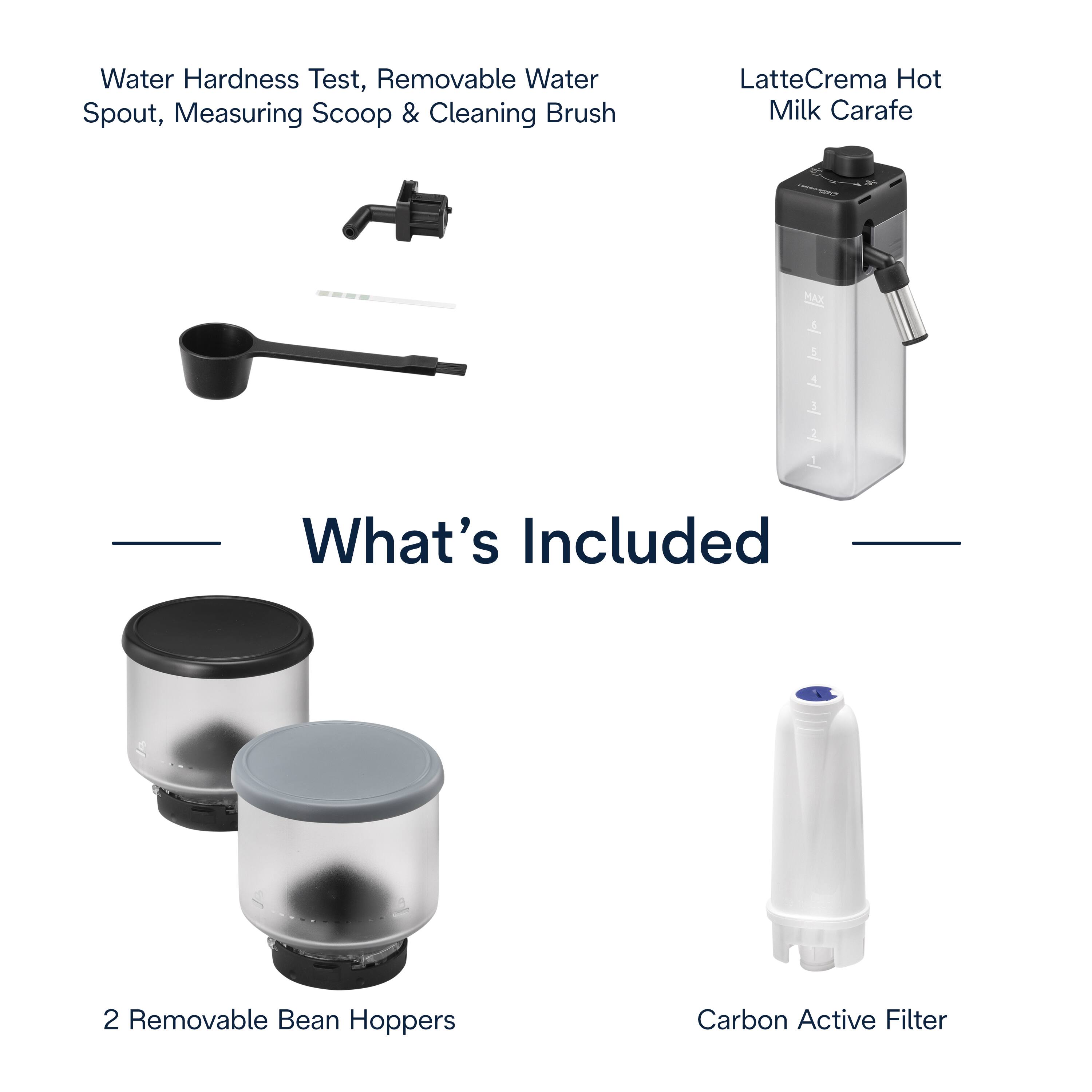 Water Hardness Test, Removable Water Spout, Measuring Scoop & Cleaning Brush, LatteCrema Hot Milk Carafe, 2 Removable Bean Hoppers, Carbon Active Filter