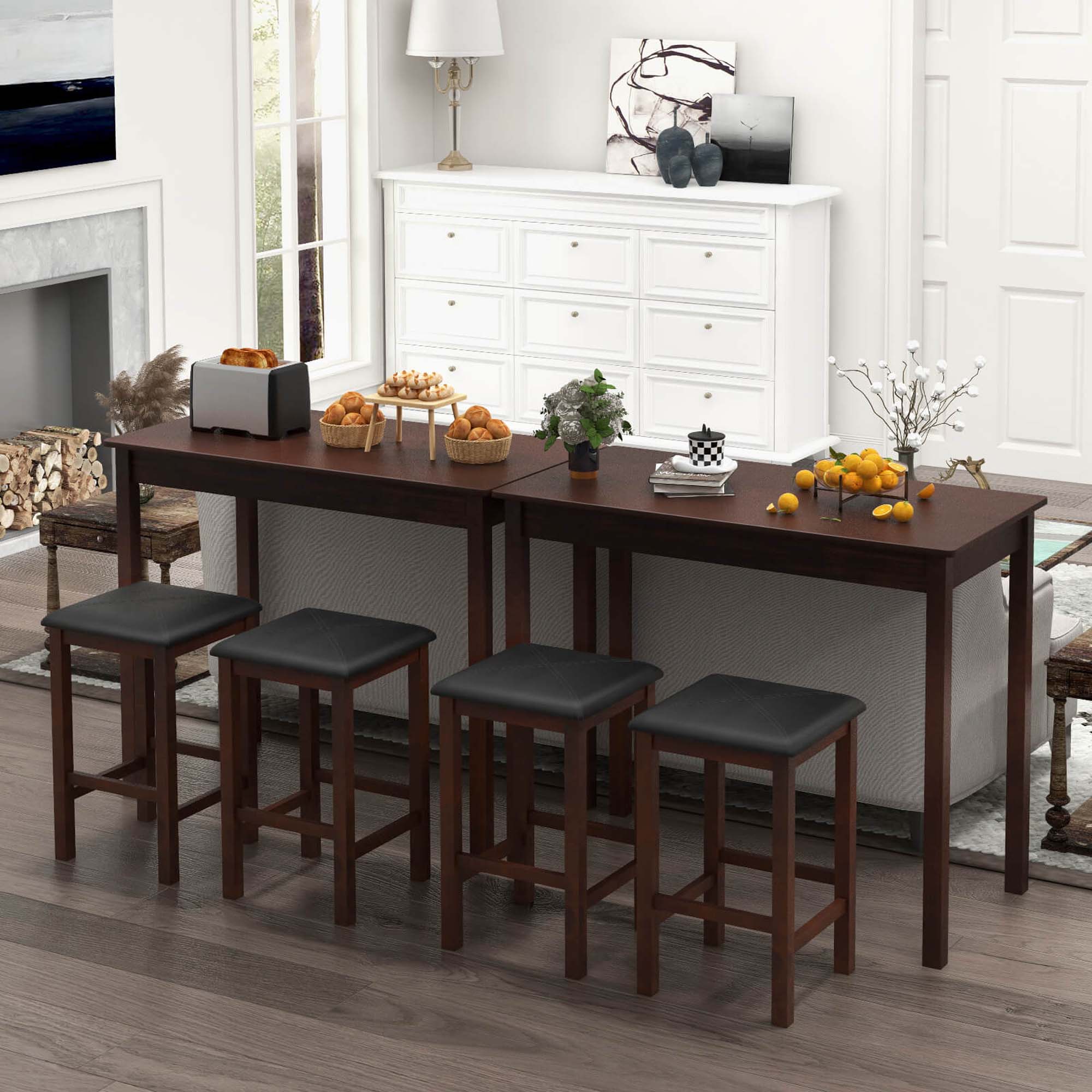 Alt View 4. Costway - 3 PCS Bar Table Set Dining Table & 2 PVC Leather Upholstered Bar Stools Rustic - Brown+Black.