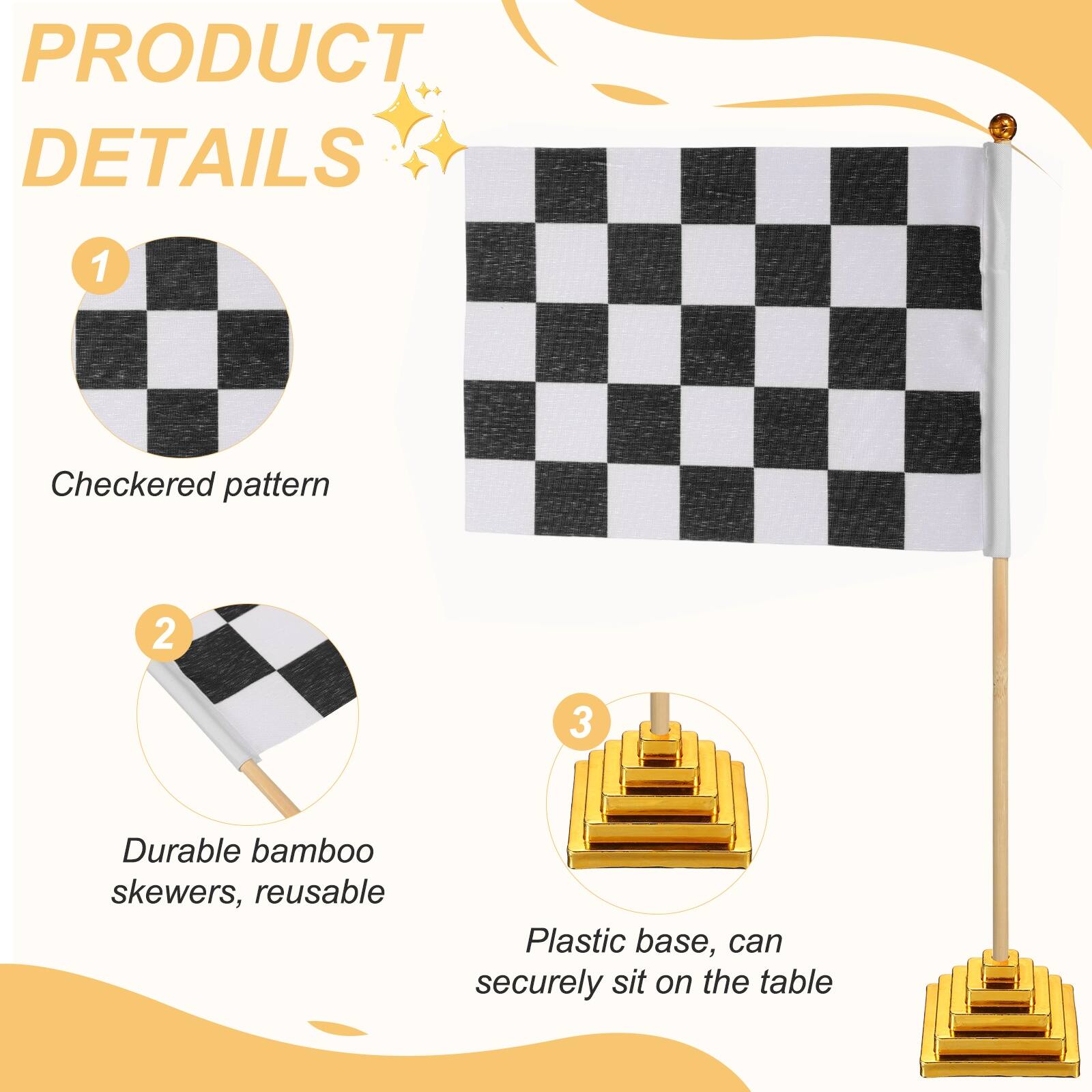 PRODUCT DETAILS

1. Checkered pattern

2. Durable bamboo skewers, reusable

3. Plastic base, can securely sit on the table
