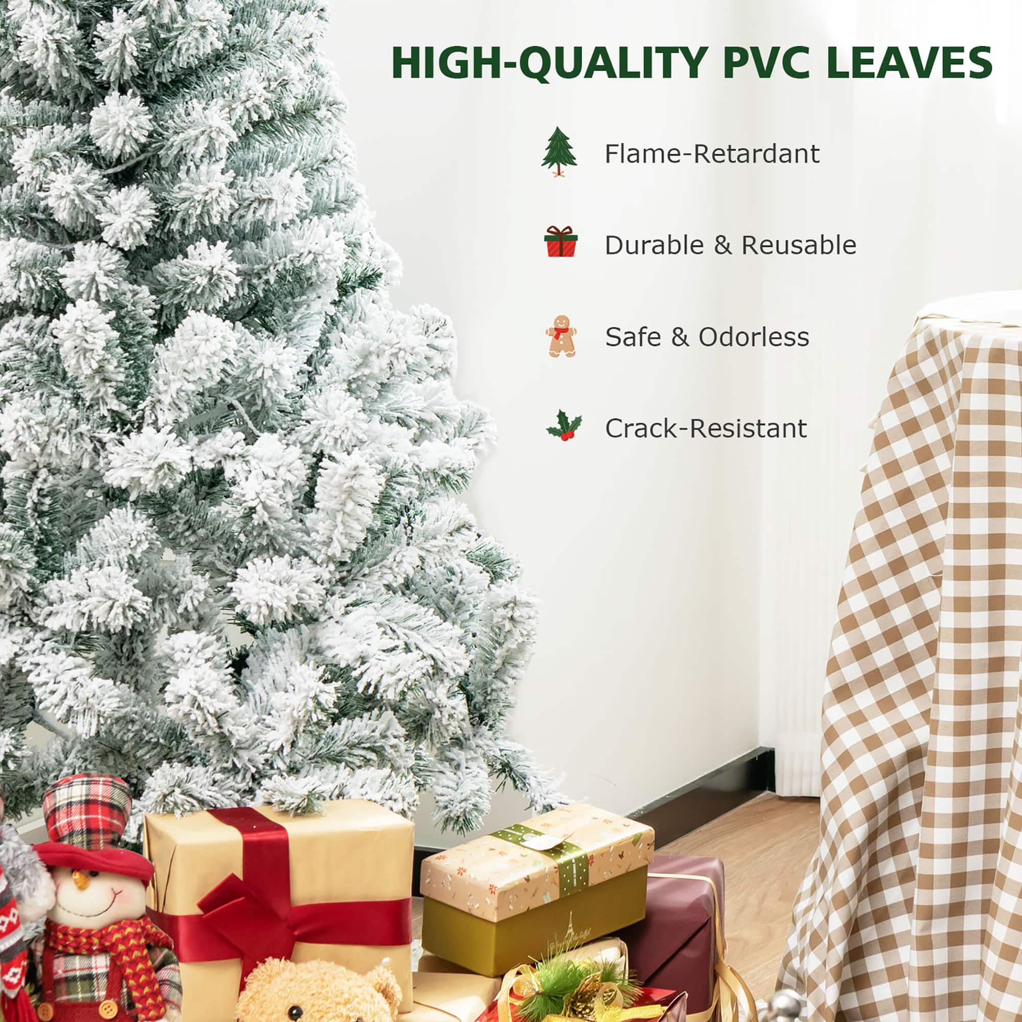The text on the image reads: "High-Quality PVC Leaves Flame-Retardant Durable & Reusable Safe & Odorless Crack-Resistant."