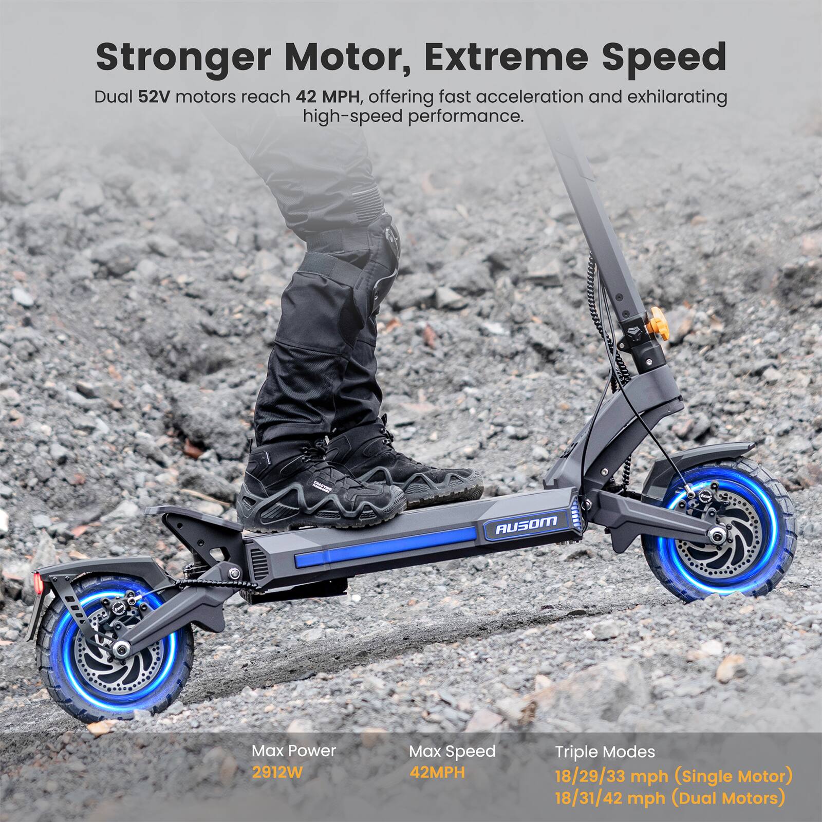 Stronger Motor, Extreme Speed

Dual 52V motors reach 42 MPH, offering fast acceleration and exhilarating high-speed performance.

Max Power: 2912W  
Max Speed: 42MPH  
Triple Modes:  
- 18/29/33 mph (Single Motor)  
- 18/31/42 mph (Dual Motors)