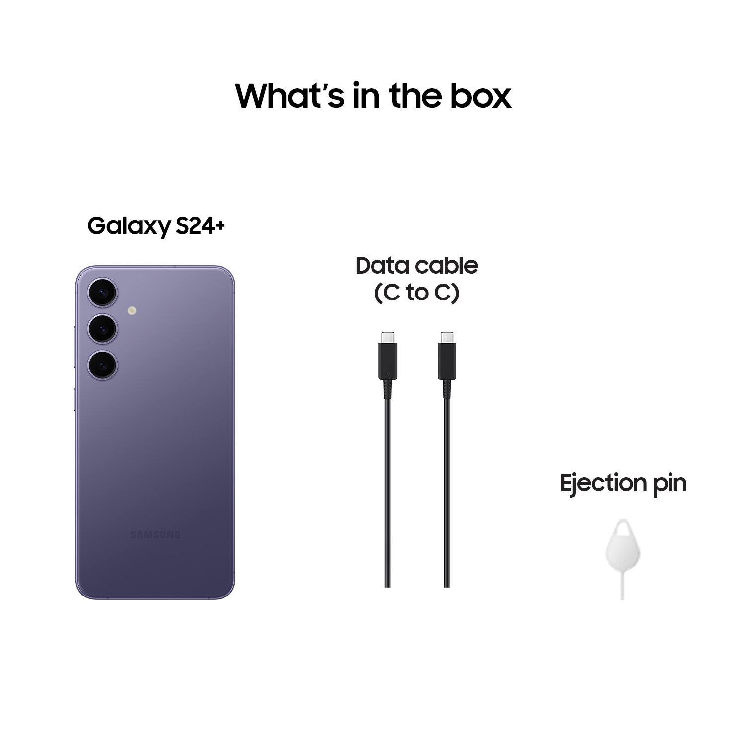 The image features a Samsung Galaxy S24+ smartphone, which is a purple cell phone. The box contains a data cable and an ejection pin, which are essential accessories for the phone. The data cable is used for charging and transferring data, while the ejection pin is used to safely remove the battery from the phone.