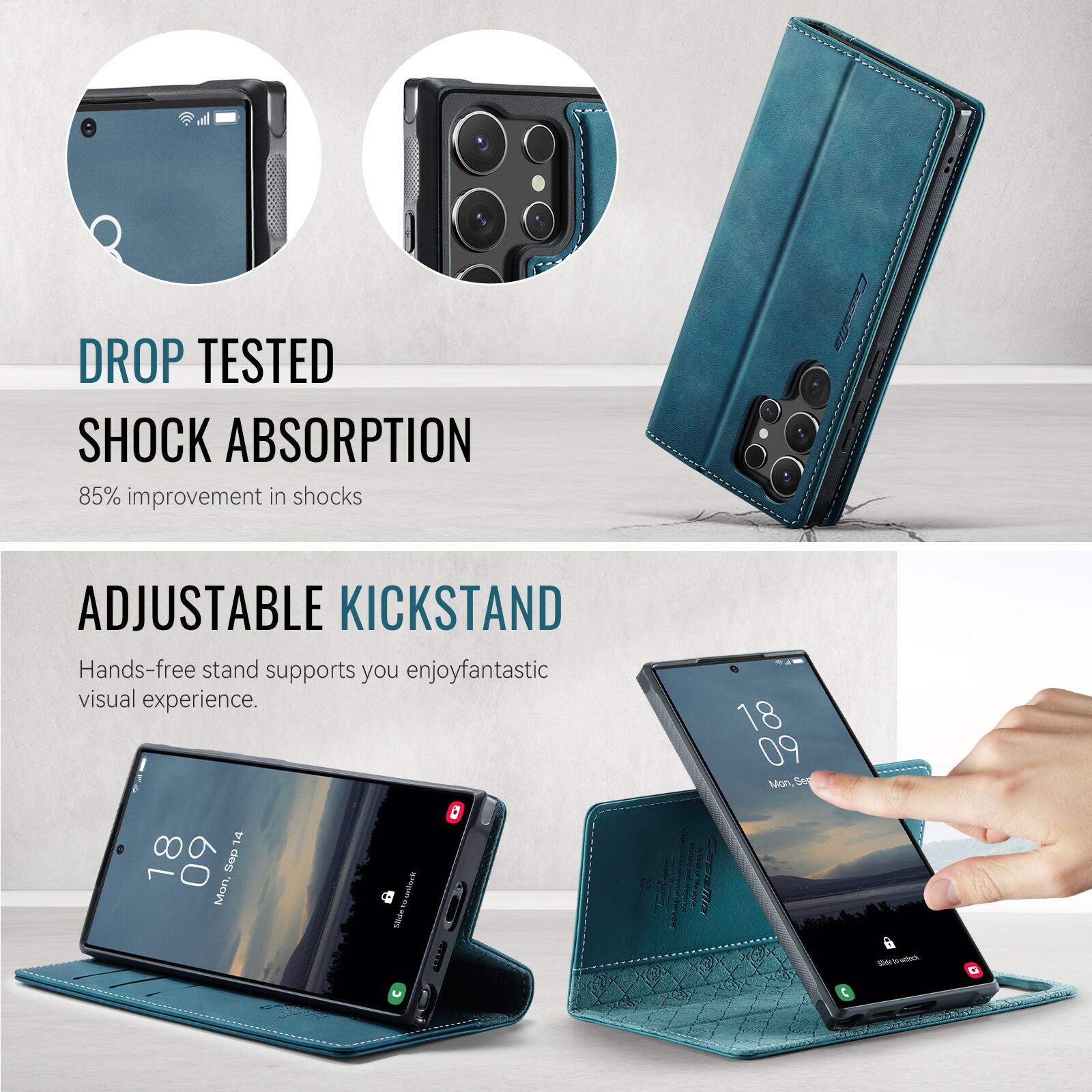 DROP TESTED SHOCK ABSORPTION  
85% improvement in shocks  

ADJUSTABLE KICKSTAND  
Hands-free stand supports you enjoy fantastic visual experience.  

18 09 Mon. Sep  

Stide Supeription Lovery.  

MATERNATE Natura adid CapoMa  

18 09 Mon. Sep  

Storts - deek