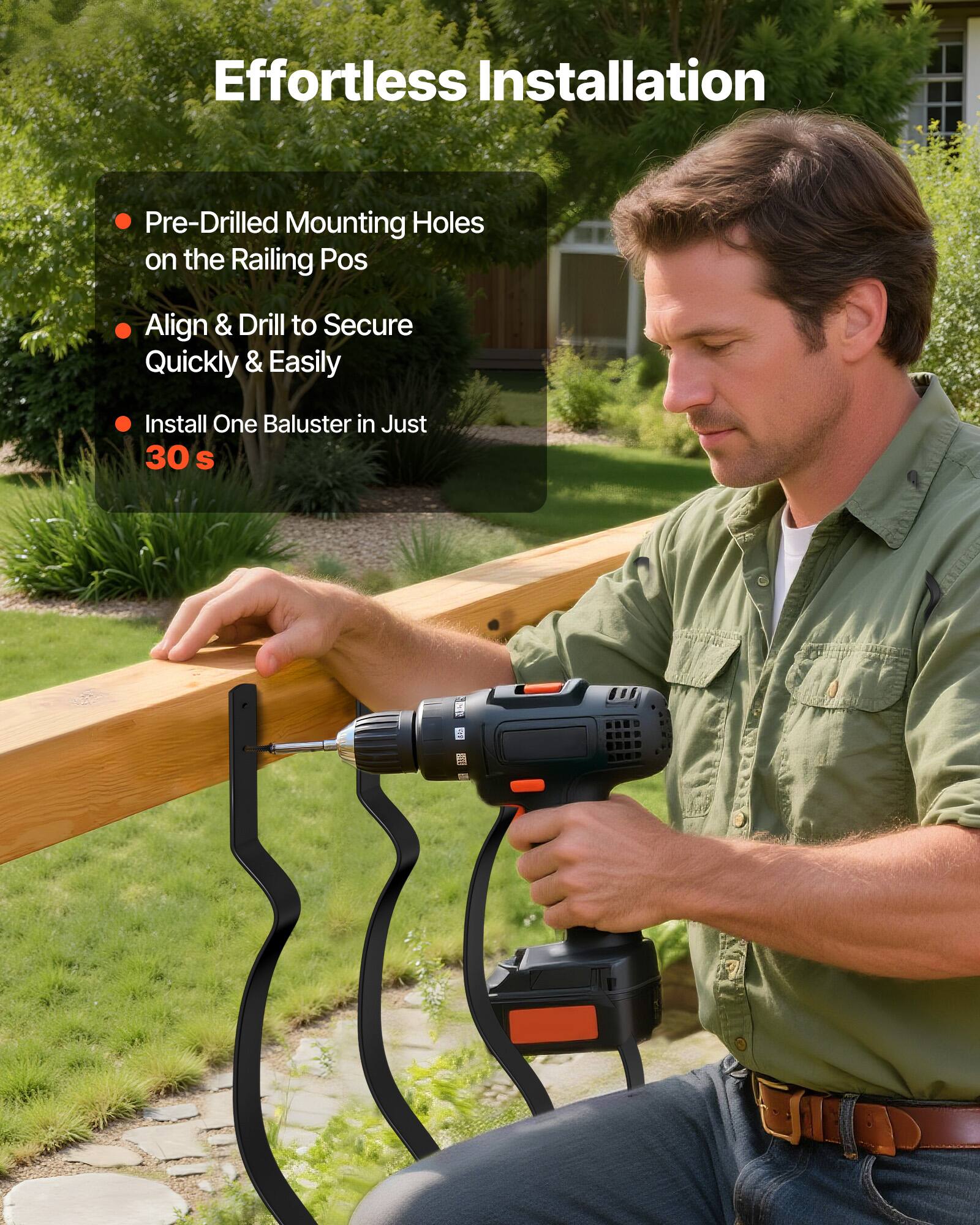 Effortless Installation

- Pre-Drilled Mounting Holes on the Railing Posts
- Align & Drill to Secure Quickly & Easily
- Install One Baluster in Just 30 s