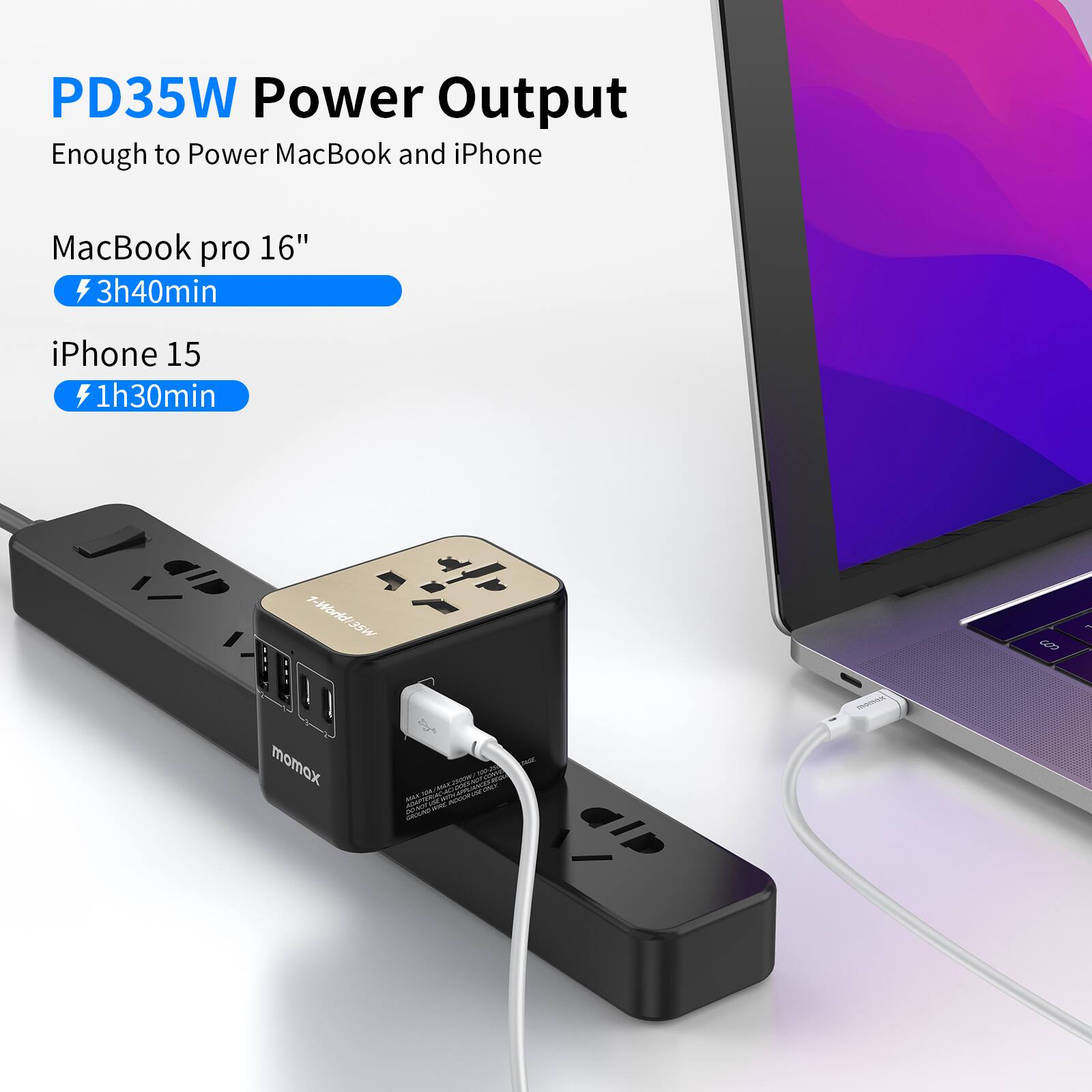 PD35W Power Output: Enough to Power MacBook and iPhone. MacBook Pro 16" 3h40min. iPhone 15 1h30min.
