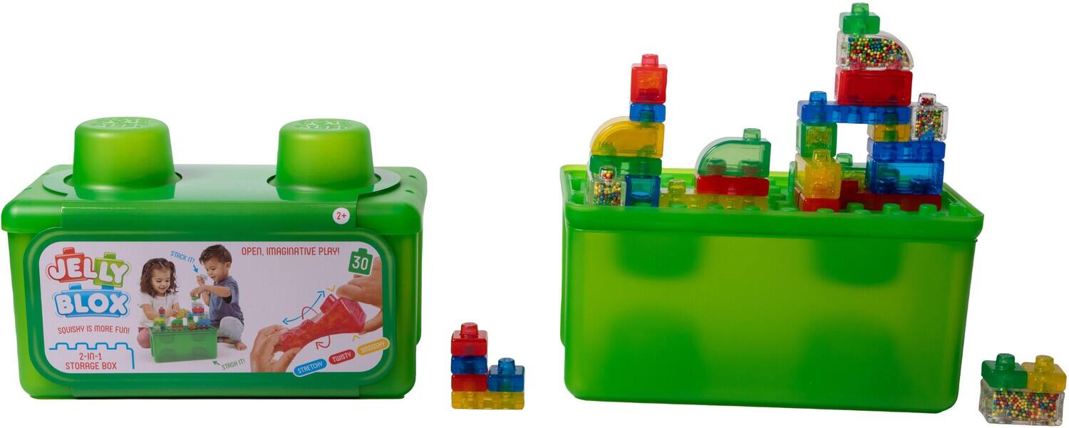 JELLY BLOX SQUISHY IS MORE FUN! 2-IN-1 STORAGE BOX

STACK 'N OPEN, IMAGINATIVE PLAY! 30 SMOOSHY IT! TWISTY STASH STRETCHY