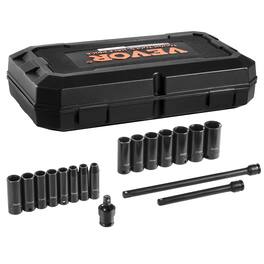 VEVOR - 3/8" Drive Impact Socket Set, 18 Piece Deep Socket Set Metric 8-22mm, 6 Point CR-V Alloy Steel for Auto Repair - Black