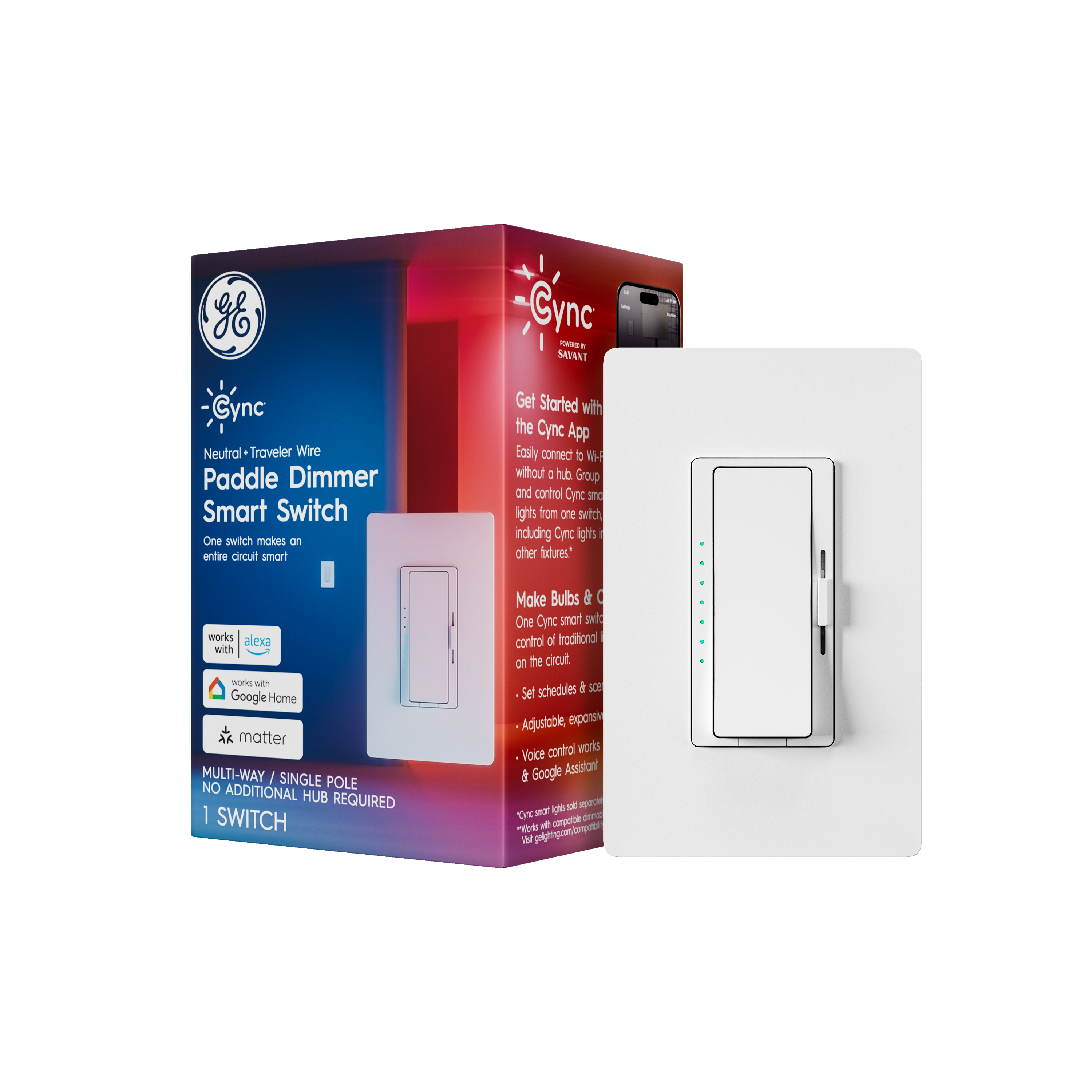 GE Cync Paddle Dimmer Smart Switch, Neutral + Traveler Wire (1-Pack) - White
