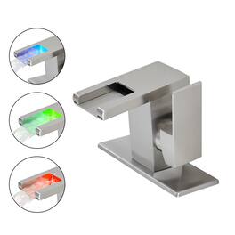Single Handle Single Hole Bathroom Faucet with Deck Plate LED Temperature Sensor Waterfall Spout