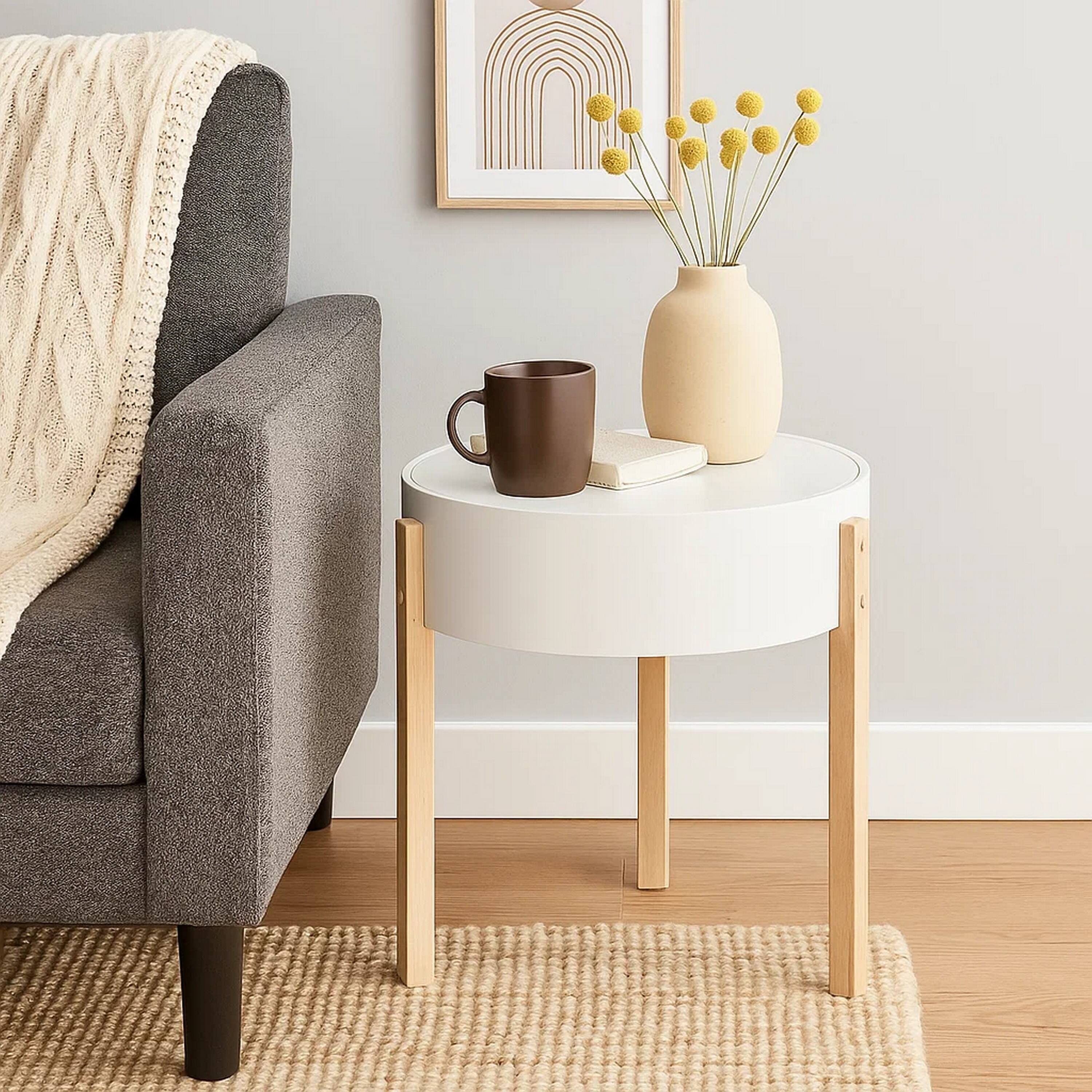 Alt View 6. Manhattan Lane - Round Wooden End Table with Hidden Storage - White and Brown.