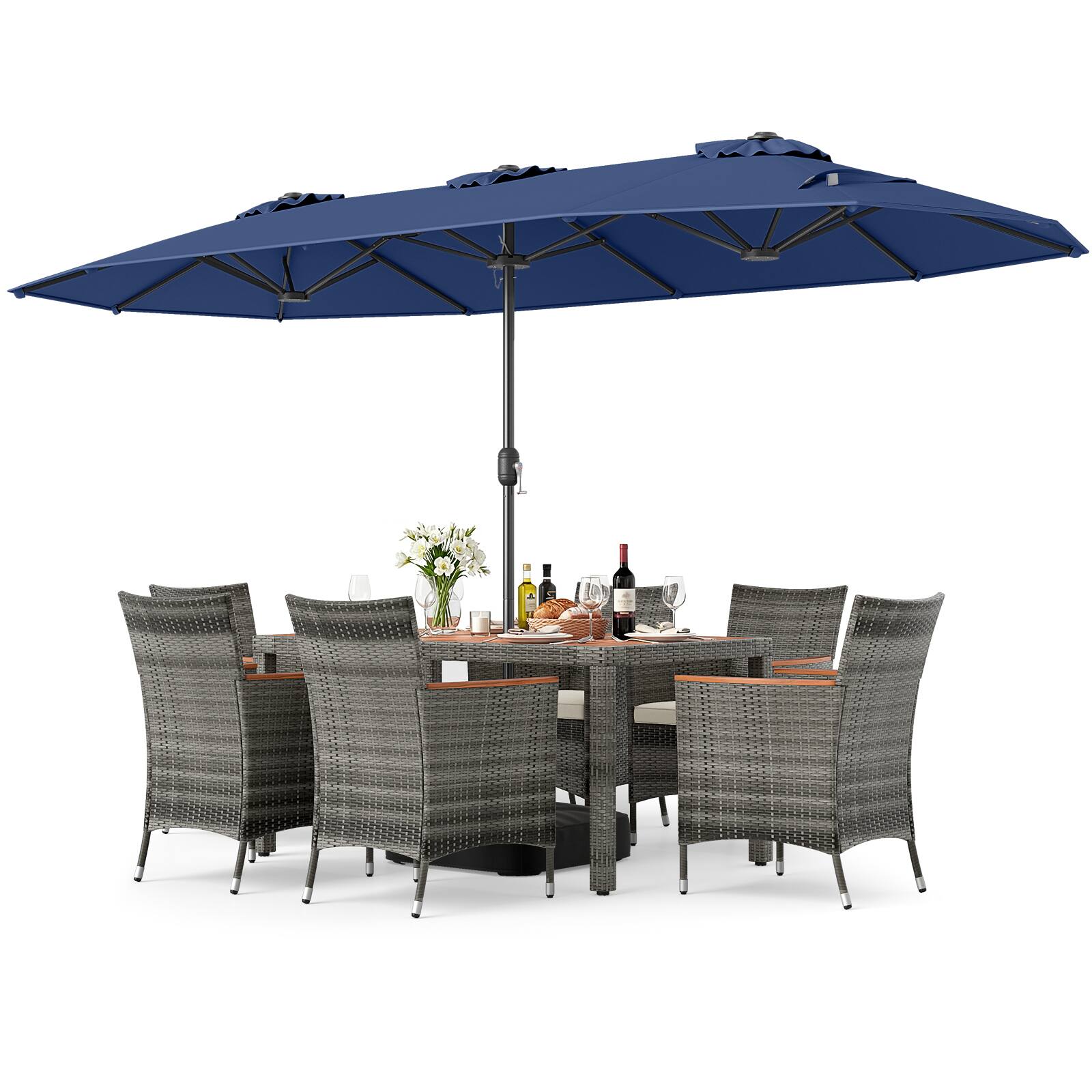Alt View 5. Gymax - Gymax 8-Piece Patio Dining Set w/ Double-Sided Market Umbrella Acacia Wood Top Navy - Blue.