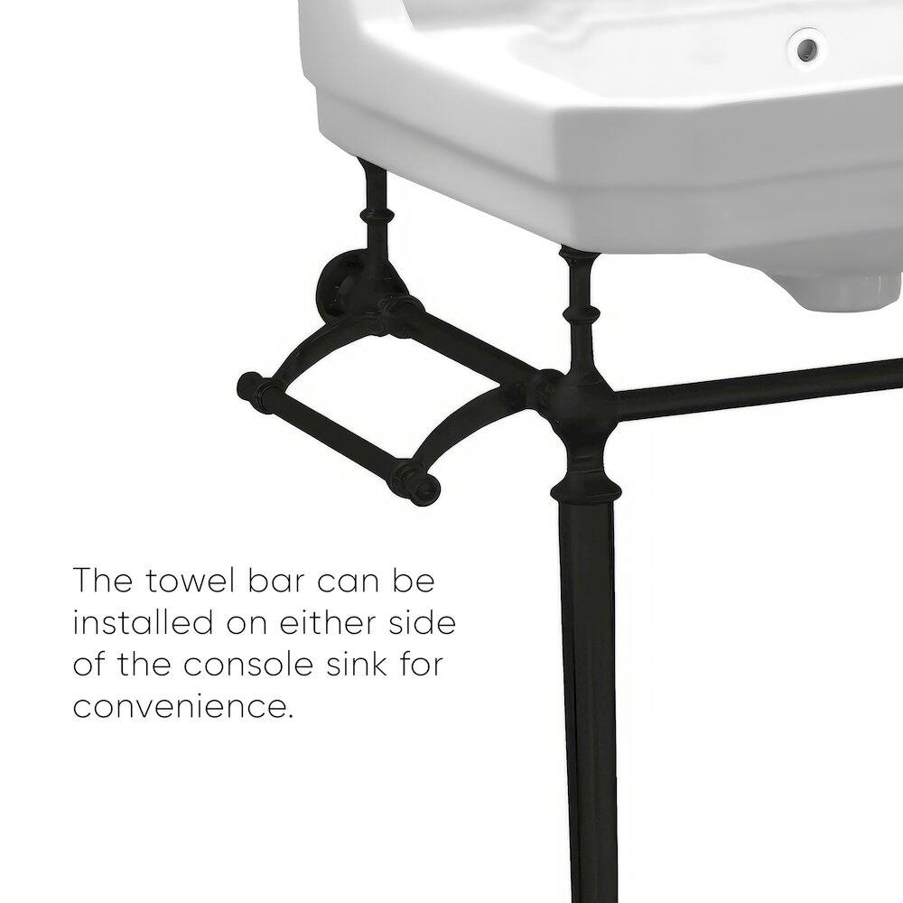 The towel bar can be installed on either side of the console sink for convenience.