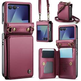Dteck - Flip Wallet Phone Case for Samsung Galaxy Z Flip7, RFID PU Leather Protective Kickstand Cover with Crossbody Strap - Winered