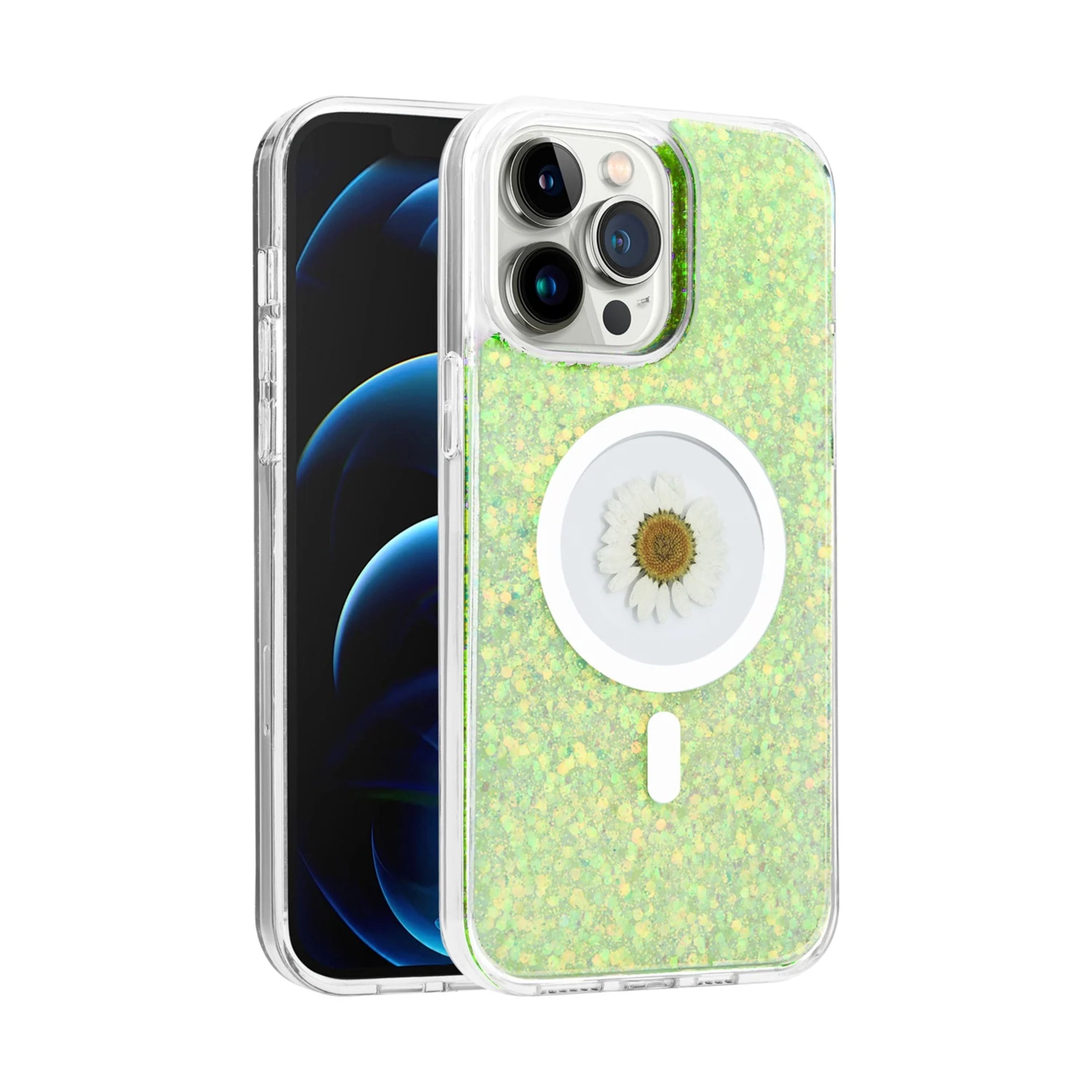 Kitcheniva - Glitter Hybrid Epoxy Real Flower Phone Case With 2 Pcs Screen Protectors For iPhone 15 Pro Max - Green