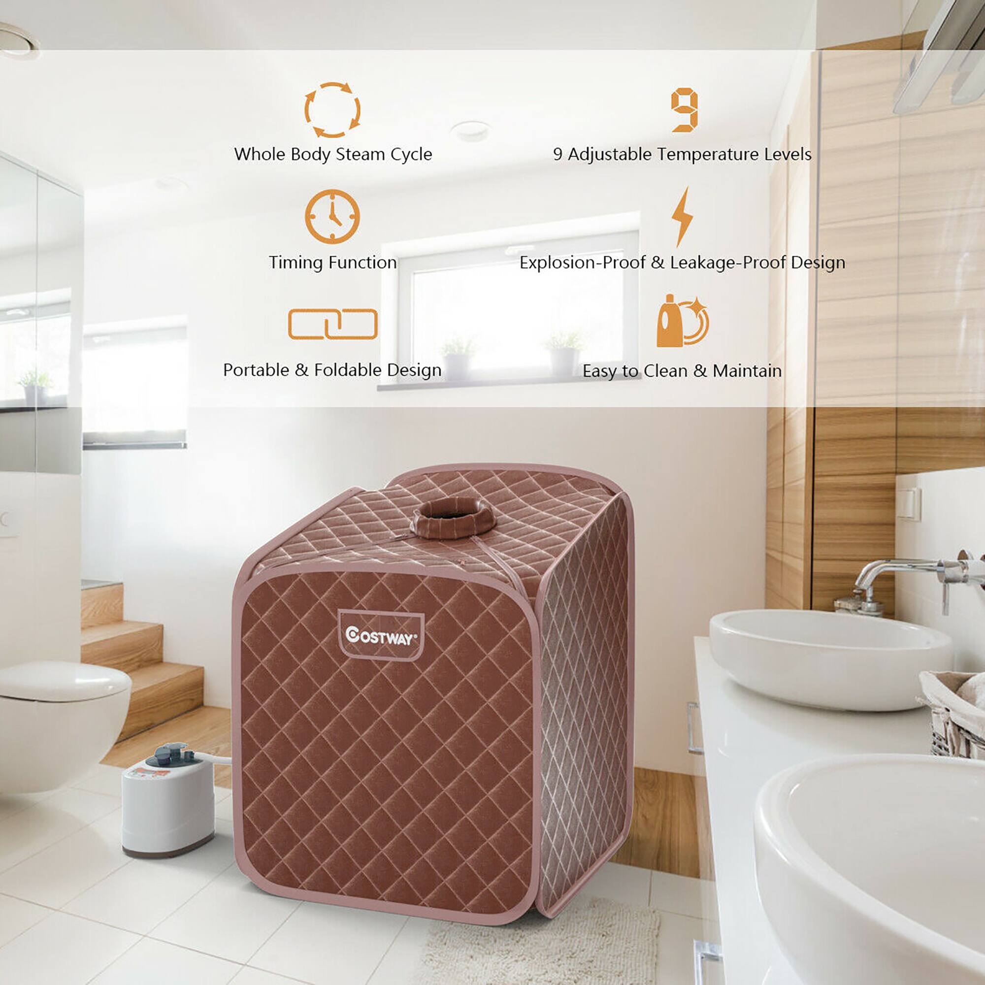 Whole Body Steam Cycle 9 Adjustable Temperature Levels A Timing Function Explosion-Proof & Leakage-Proof Design Portable & Foldable Design Easy to Clean & Maintain