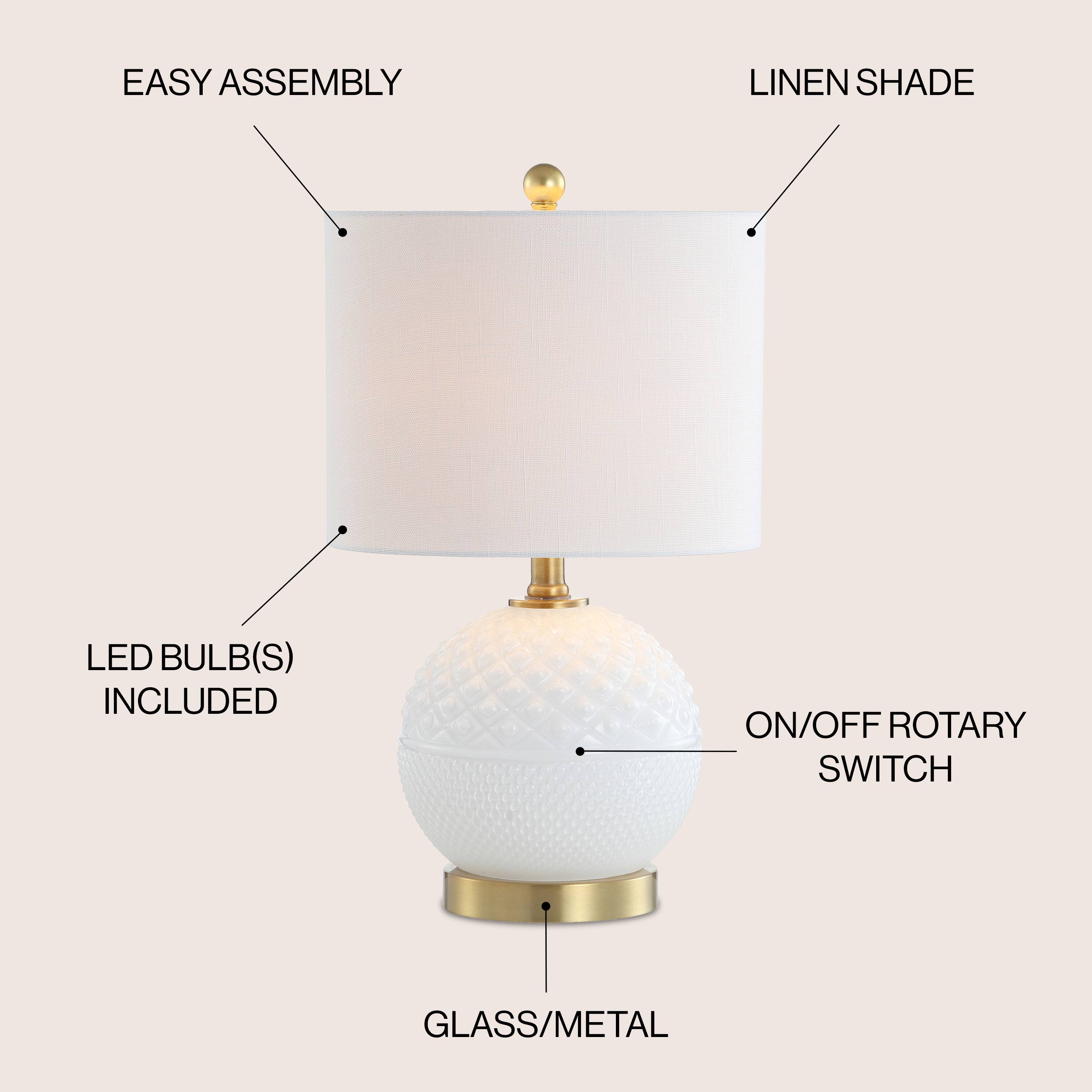 EASY ASSEMBLY  
LINEN SHADE  
LED BULB(S) INCLUDED  
ON/OFF ROTARY SWITCH  
GLASS/METAL