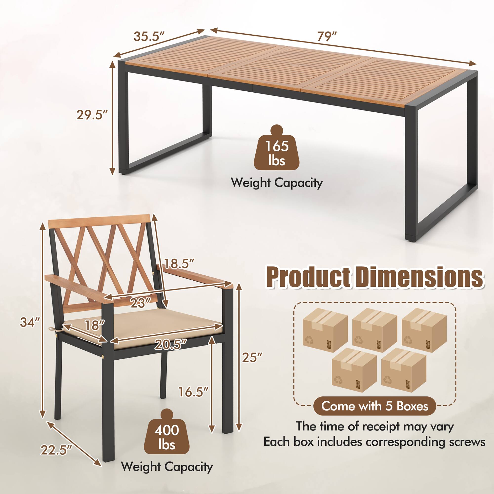 Product Dimensions: 35.5" 79" 29.5" 165 lbs Weight Capacity

Product Dimensions: 34" 18" 18.5" 23"h 20.5" 25" 22.5" 16.5" 400 lbs Weight Capacity

Come with 5 Boxes The time of receipt may vary Each box includes corresponding screws