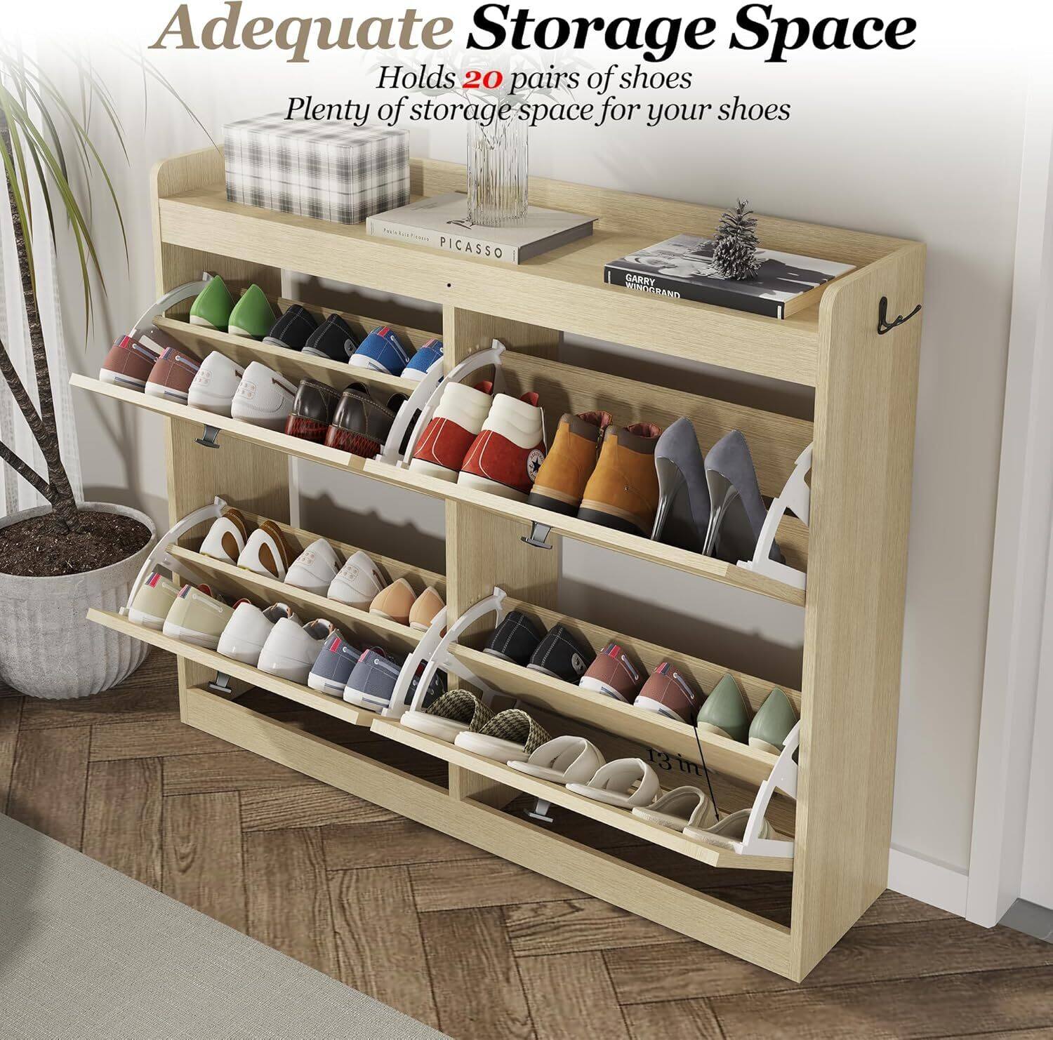 Alt View 3. Acekool - Large Rattan Shoe Storage Cabinet with 4 Flip Drawers, Freestanding Shoe Organizer - Yellow.