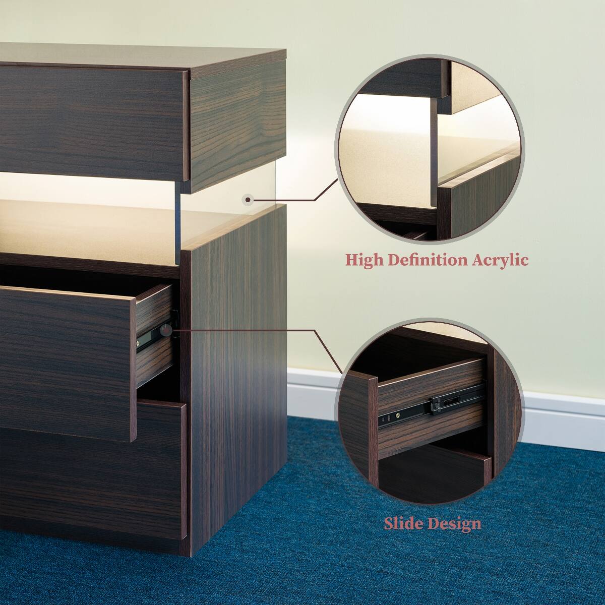Loheer 3 Drawer LED Nightstand, Bedside Table with Acrylic Panel for ...