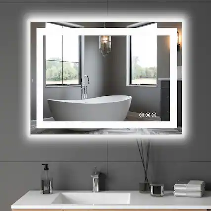Front. AENKYO - 20"x28" LED Bathroom Mirror with Anti-fog Dual Light Dimmable Wall Mirror - White.