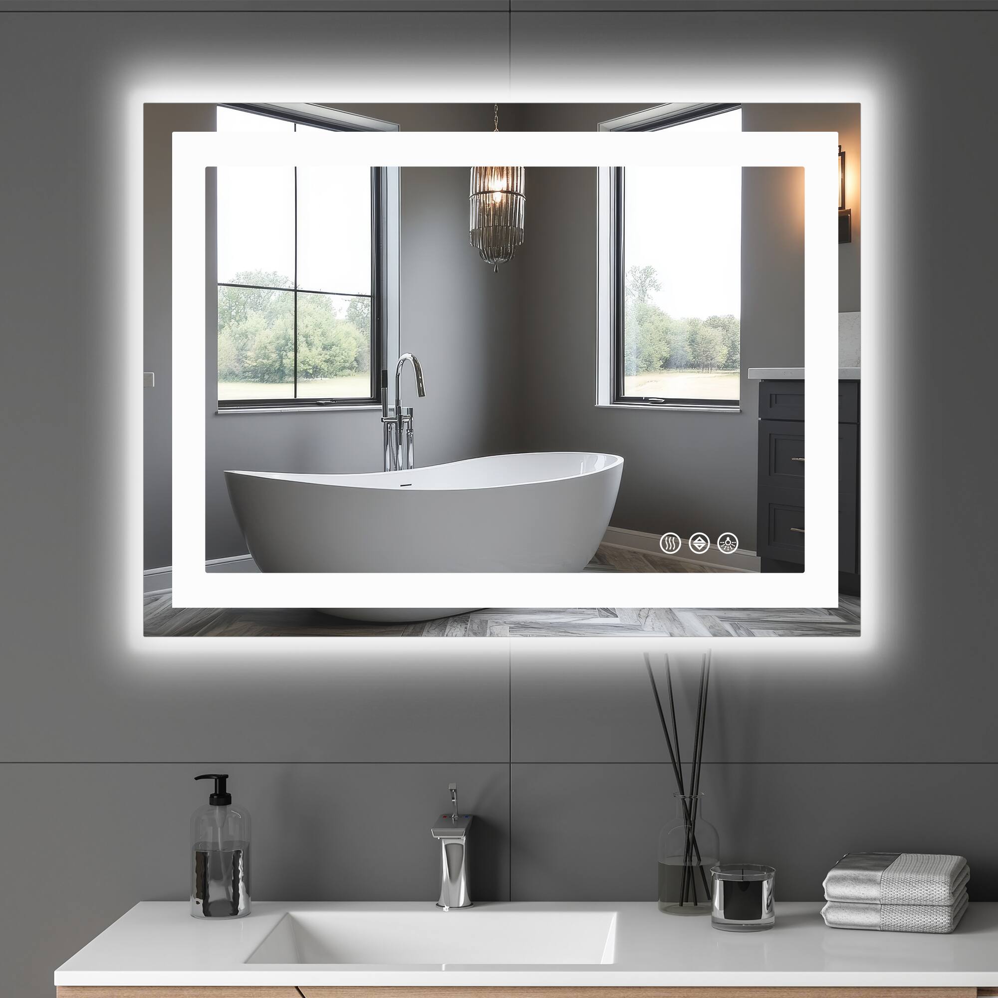 Angle. AENKYO - 24"x36" LED Bathroom Mirror with Anti-fog Dual Light Dimmable Wall Mirror - White.