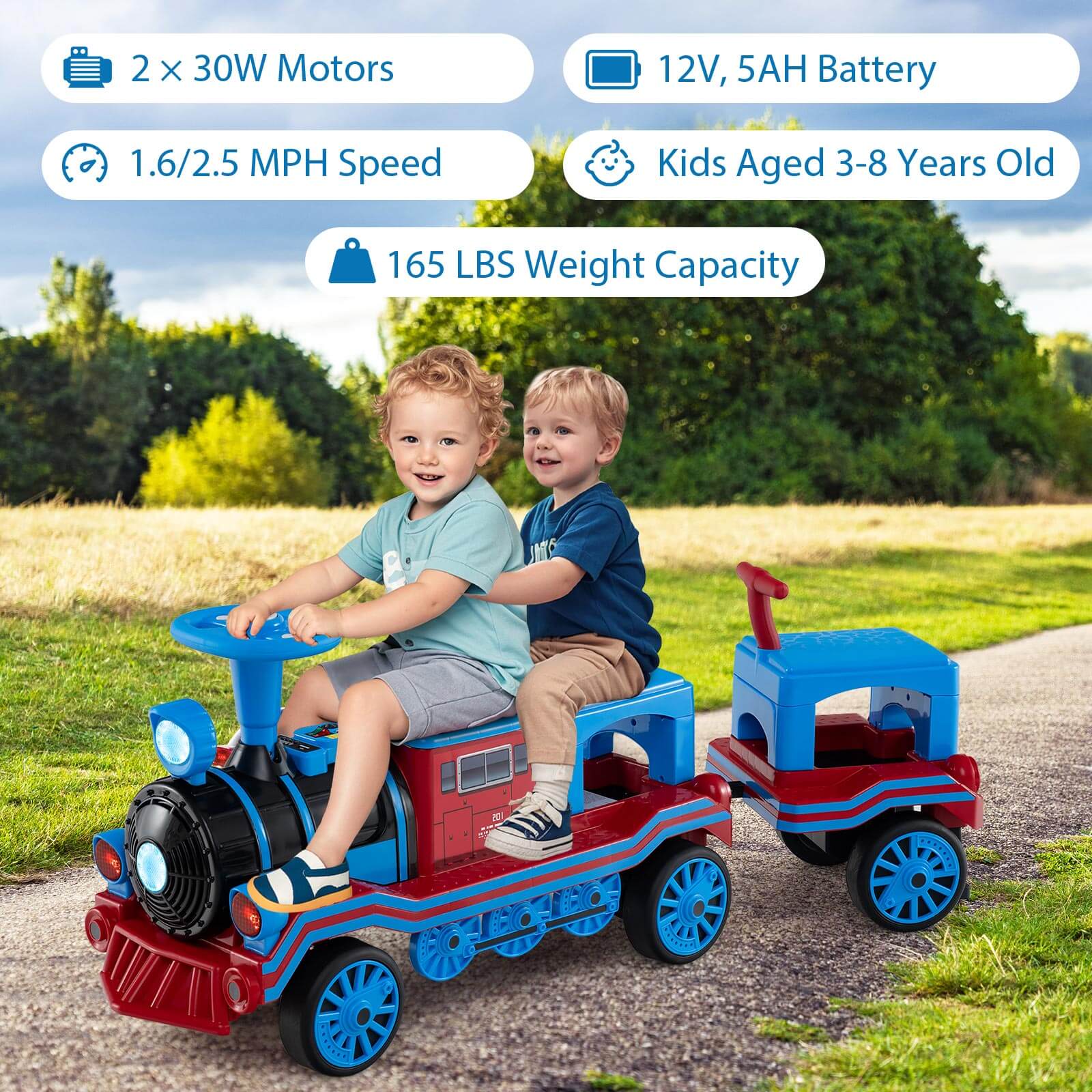 - 2 x 30W Motors
- 12V, 5AH Battery
- 1.6/2.5 MPH Speed
- Kids Aged 3-8 Years Old
- 165 LBS Weight Capacity