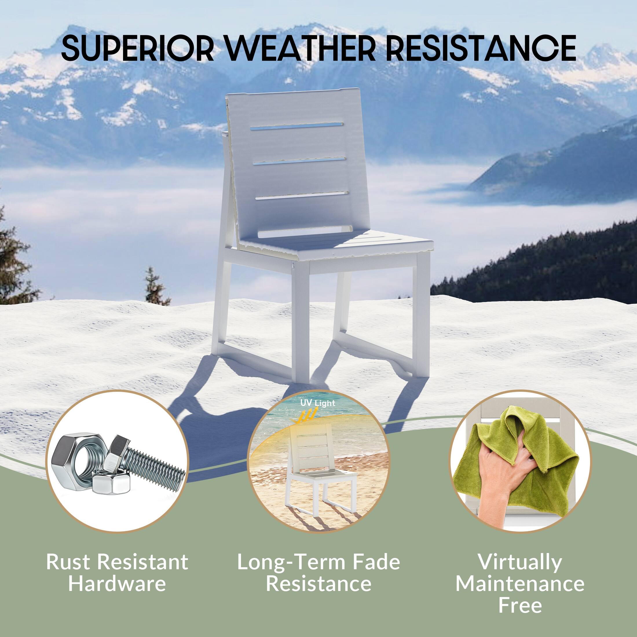 SUPERIOR WEATHER RESISTANCE

- UV Light
- Rust Resistant Long-Term Fade Hardware Resistance
- Virtually Maintenance Free